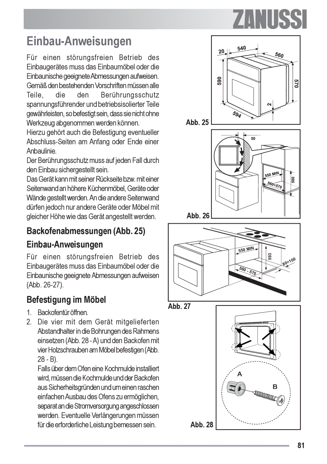 Zanussi ZYB 590 XL, ZYB 591 XL manual Backofenabmessungen Abb Einbau-Anweisungen, Befestigung im Möbel 