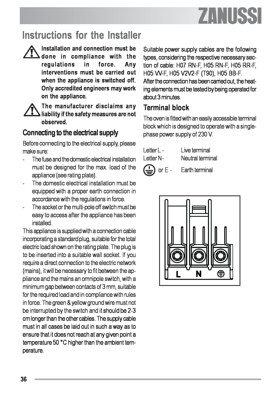 Zanussi ZYB 591 XL, ZYB 590 XL manual Instructions for the Installer, Terminal block, Connecting to the electrical supply 