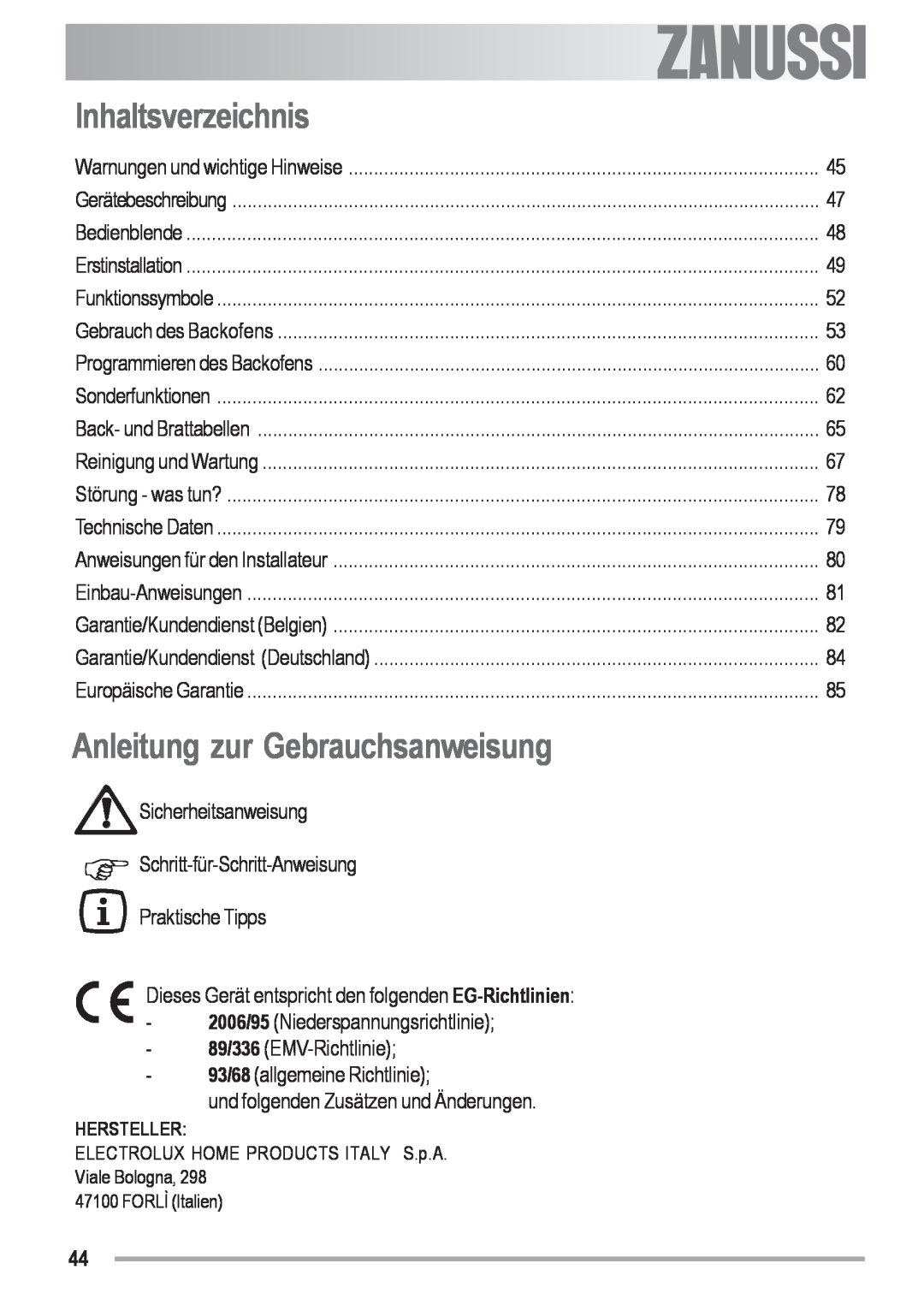 Zanussi ZYB 591 XL, ZYB 590 XL manual Inhaltsverzeichnis, Anleitung zur Gebrauchsanweisung, electrolux 