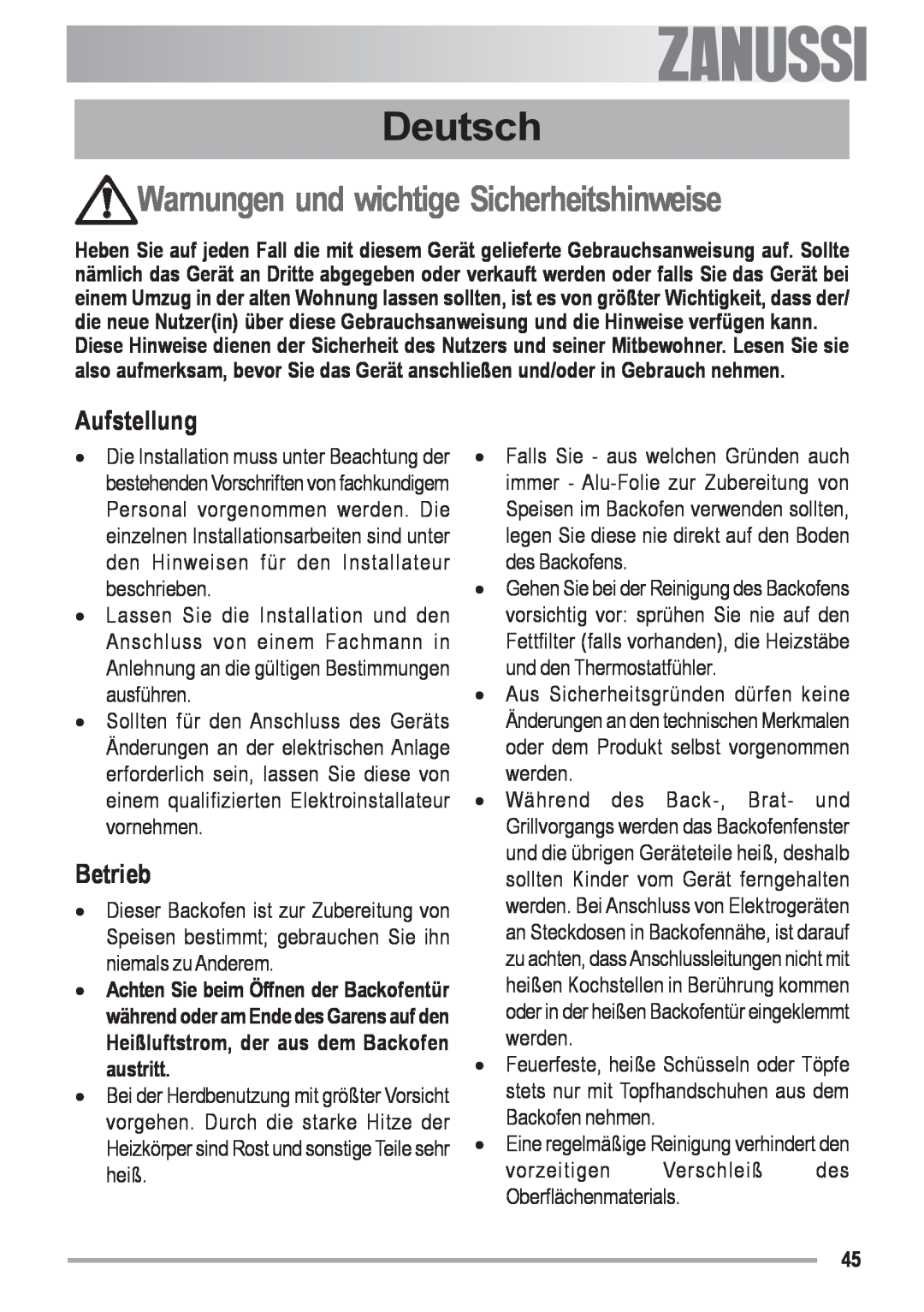 Zanussi ZYB 590 XL, ZYB 591 XL manual Deutsch, Warnungen und wichtige Sicherheitshinweise, Aufstellung, Betrieb 