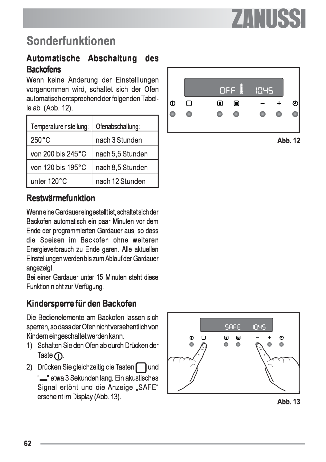 Zanussi ZYB 591 XL manual Sonderfunktionen, Automatische Abschaltung des Backofens, Restwärmefunktion, electrolux, Abb Abb 