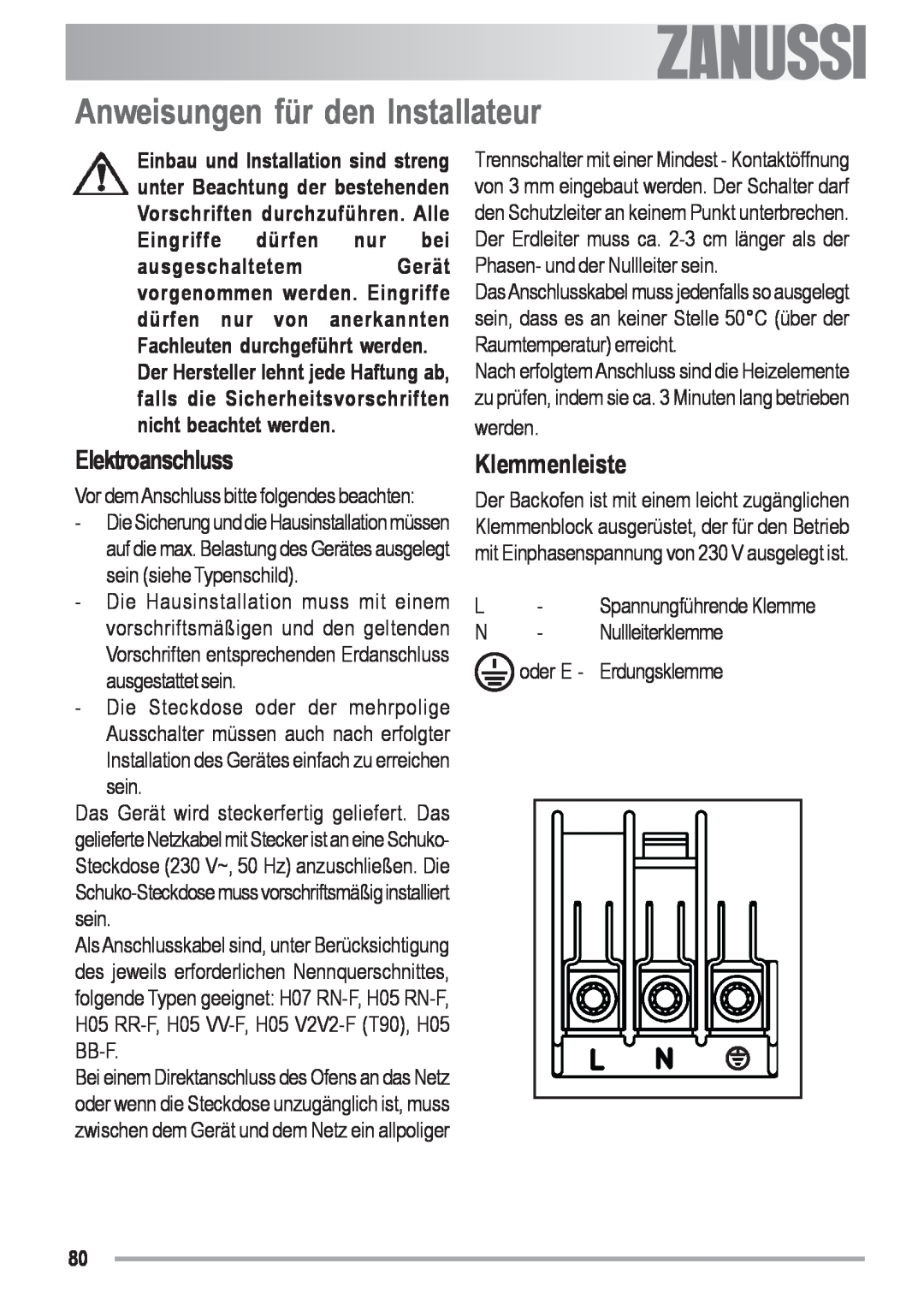 Zanussi ZYB 591 XL, ZYB 590 XL manual Anweisungen für den Installateur, Elektroanschluss, Klemmenleiste, electrolux 
