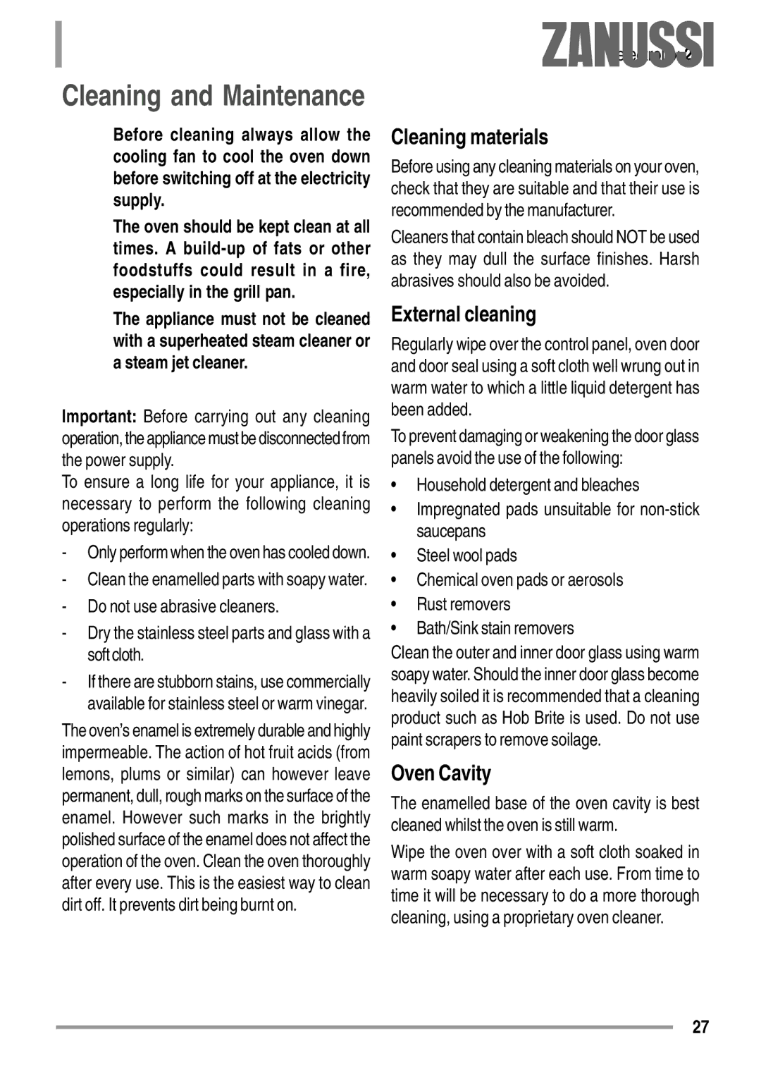 Zanussi ZYB 594 manual Cleaning materials, External cleaning, Oven Cavity 