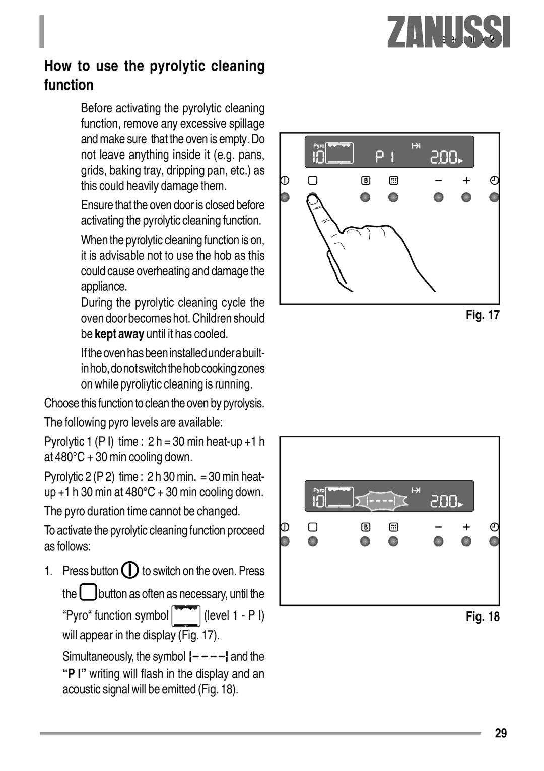 Zanussi ZYB 594 manual How to use the pyrolytic cleaning function 