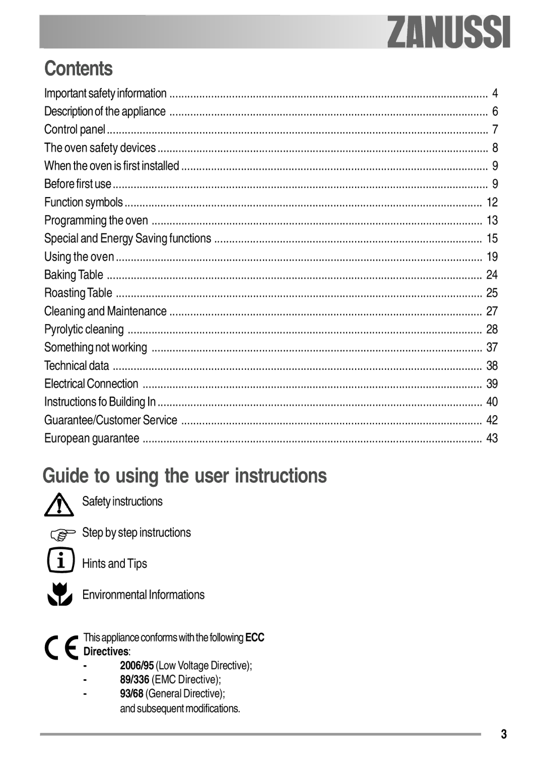 Zanussi ZYB 594 manual Contents, Guide to using the user instructions 