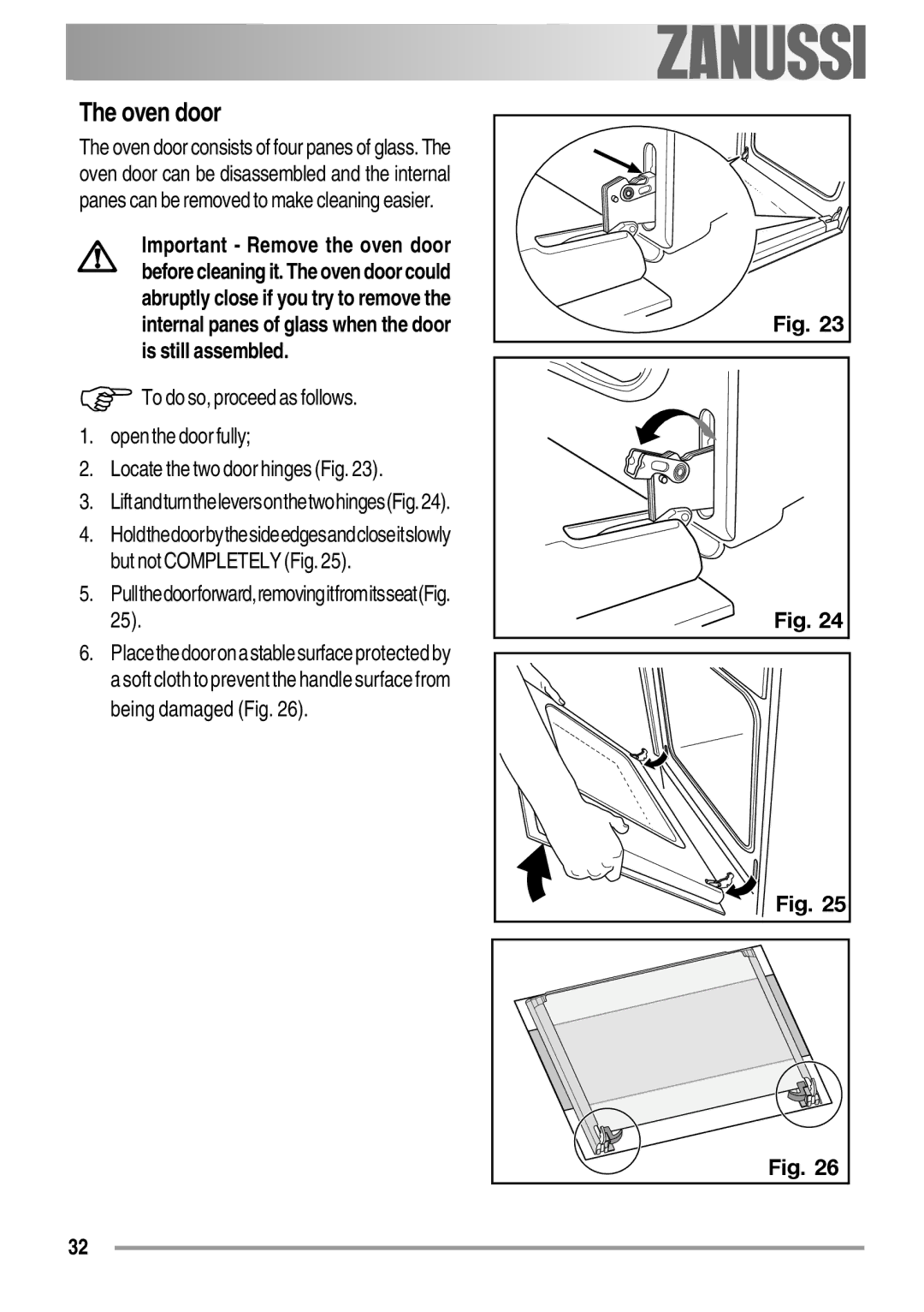 Zanussi ZYB 594 manual Oven door, LiftandturntheleversonthetwohingesFig 