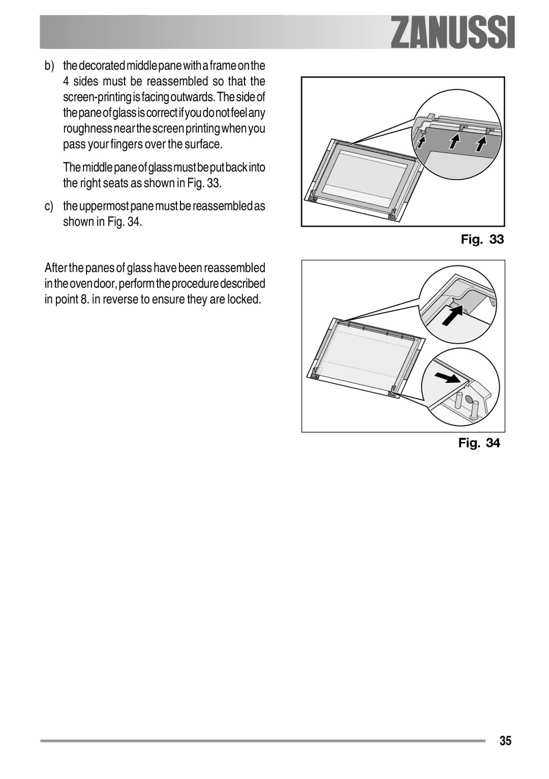 Zanussi ZYB 594 manual Uppermost pane must be reassembled as shown in Fig 