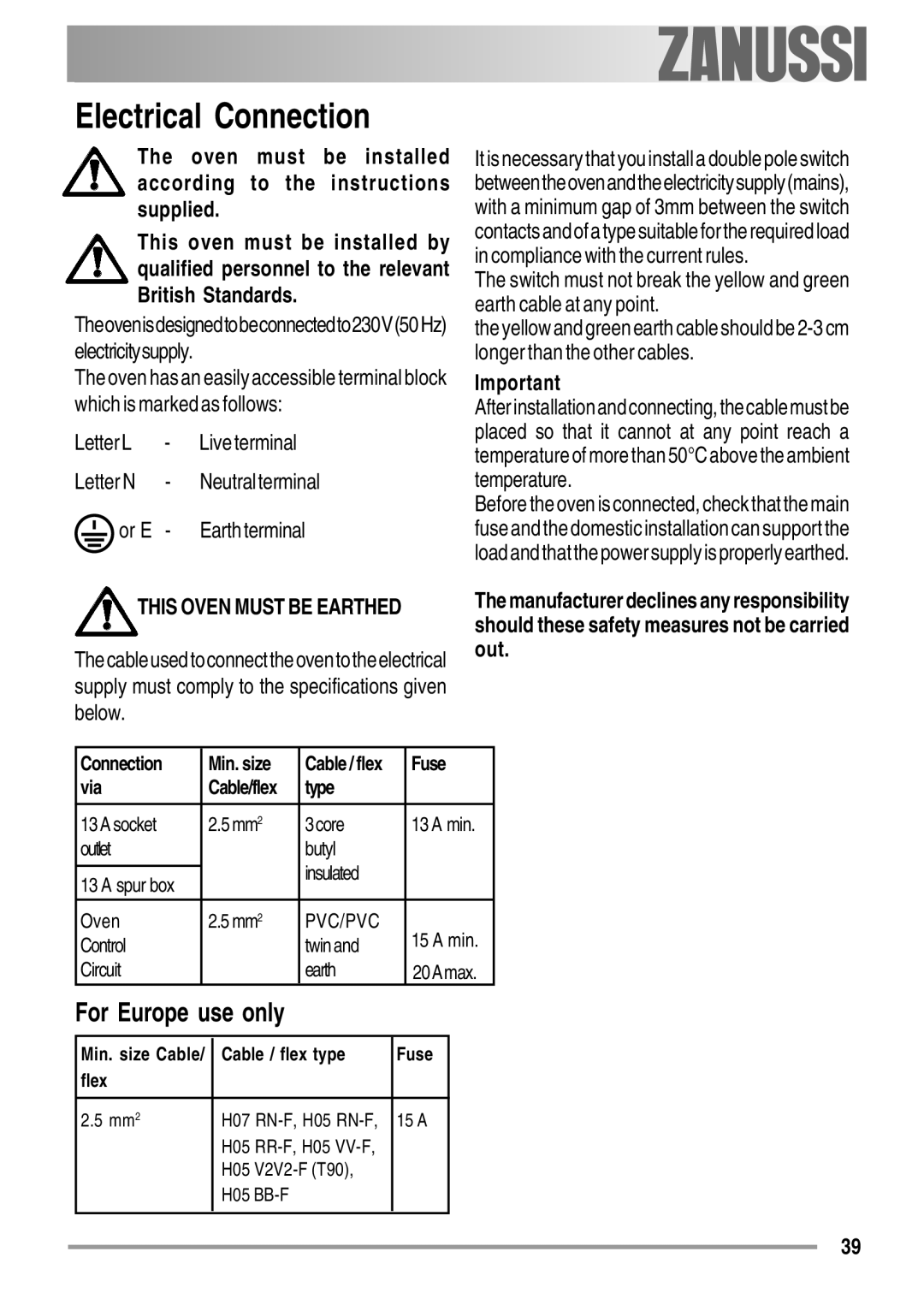 Zanussi ZYB 594 manual Letter L Live terminal Letter N, Or E, For Europe use only 