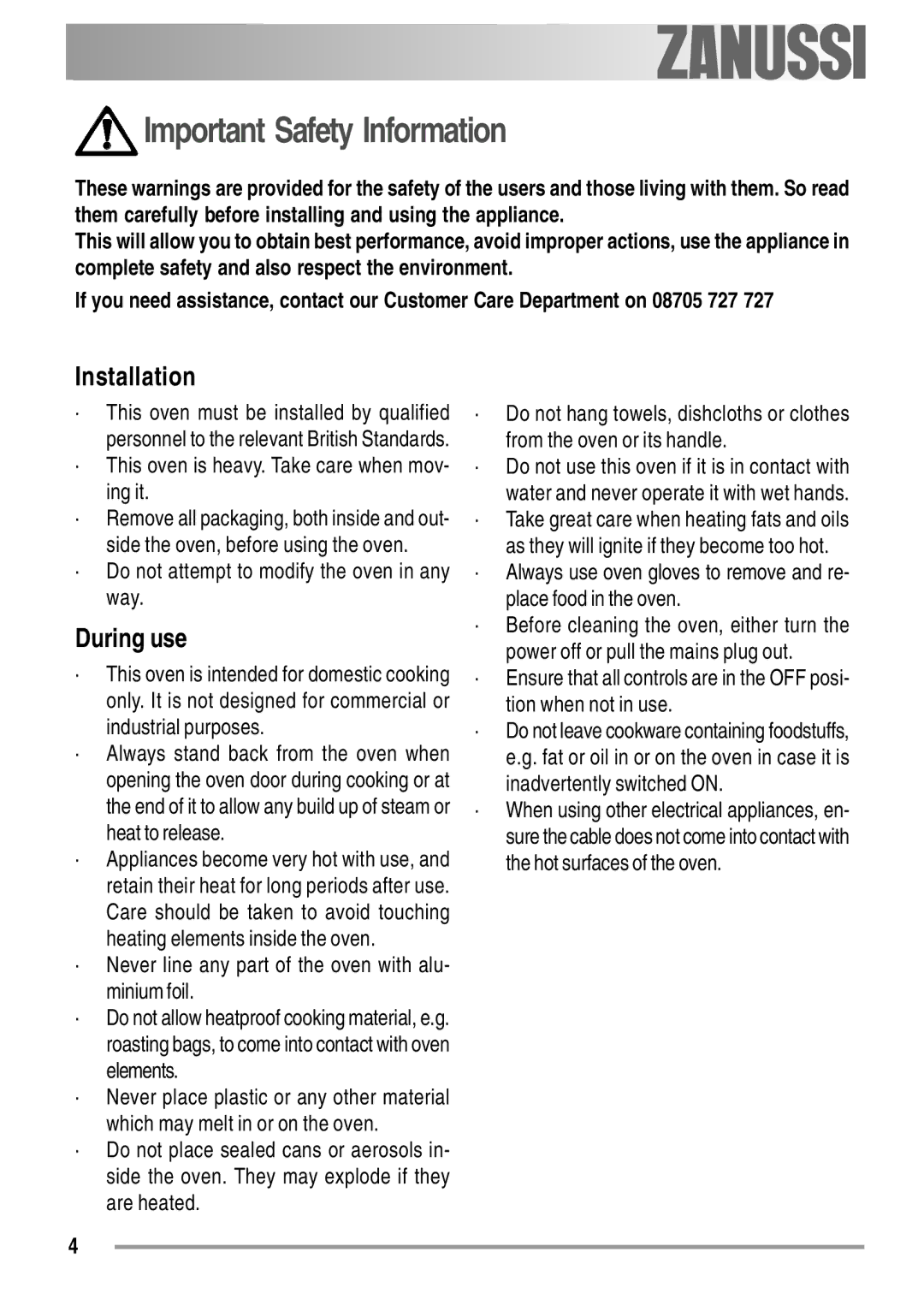 Zanussi ZYB 594 manual Important Safety Information, Installation, During use 