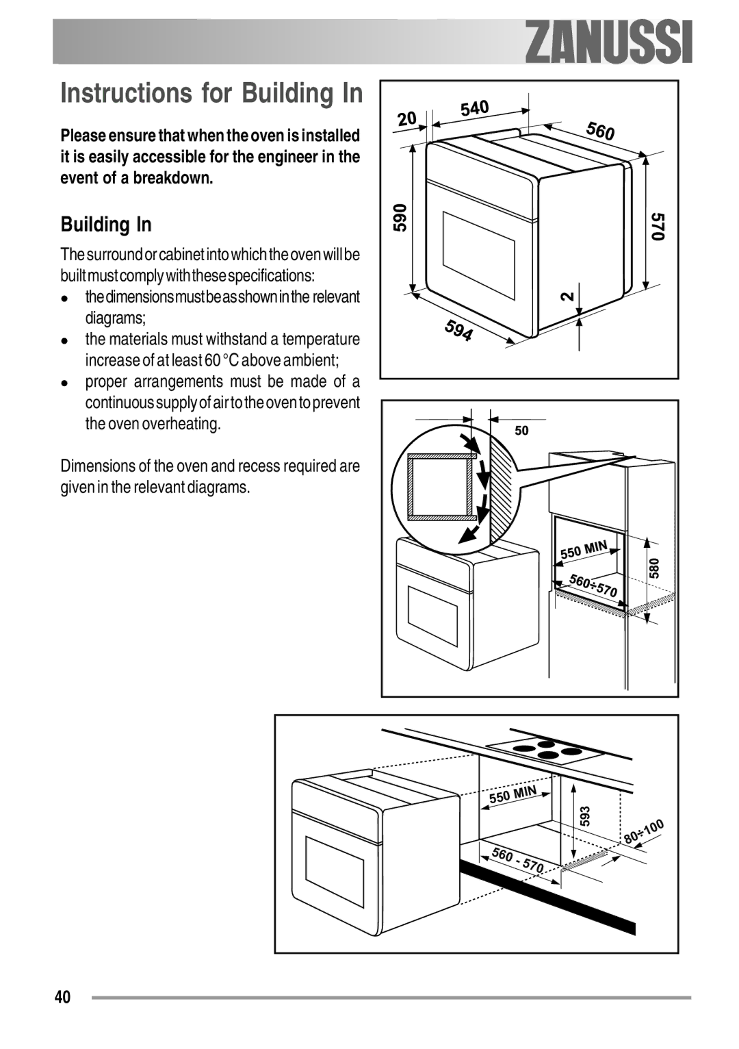 Zanussi ZYB 594 manual Instructions for Building, Thedimensionsmustbeasshowninthe relevant diagrams 