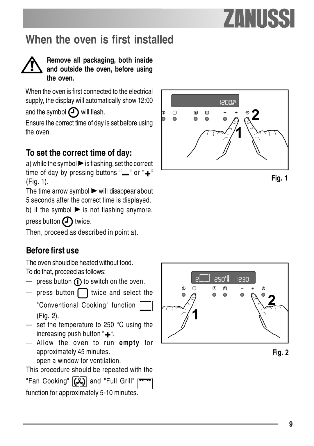 Zanussi ZYB 594 manual When the oven is first installed, To set the correct time of day, Before first use 