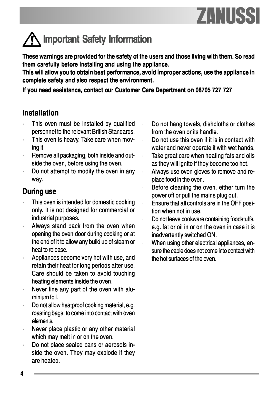 Zanussi ZYB 594 manual Important Safety Information, Installation, During use 
