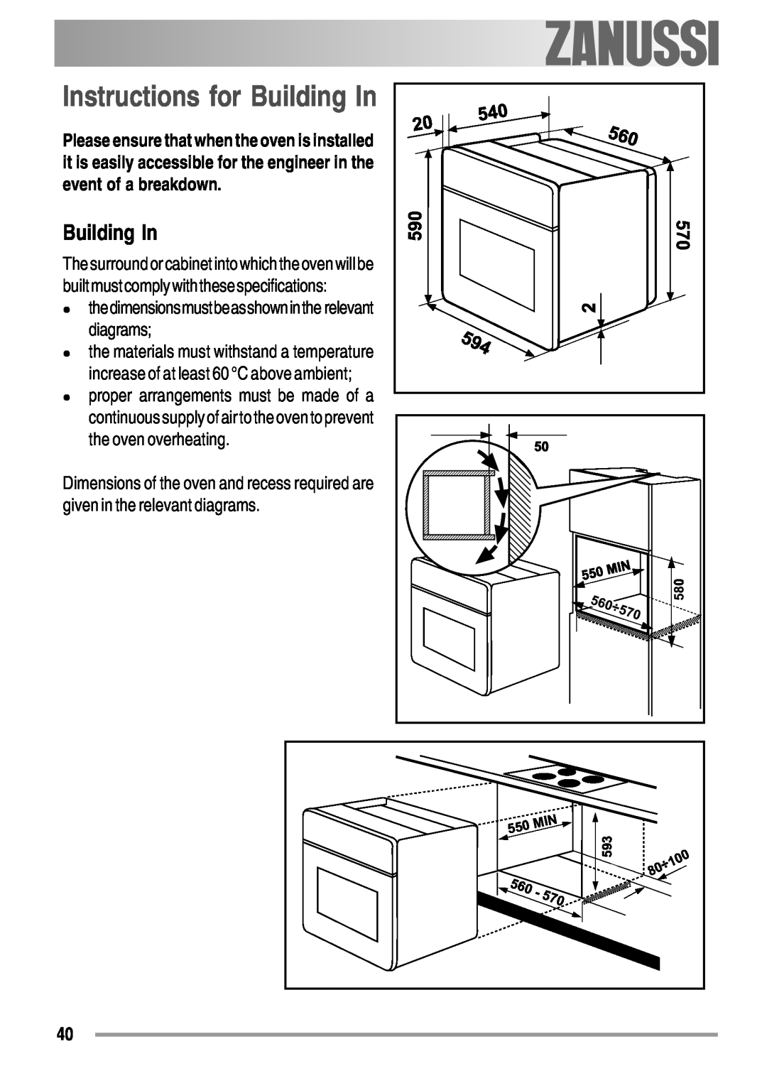 Zanussi ZYB 594 manual Instructions for Building In, electrolux, thedimensionsmustbeasshowninthe relevant diagrams 