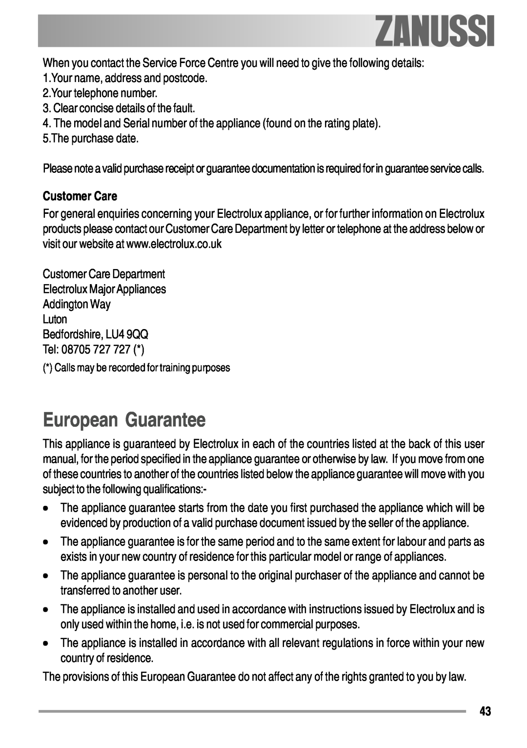 Zanussi ZYB 594 manual European Guarantee, Customer Care 