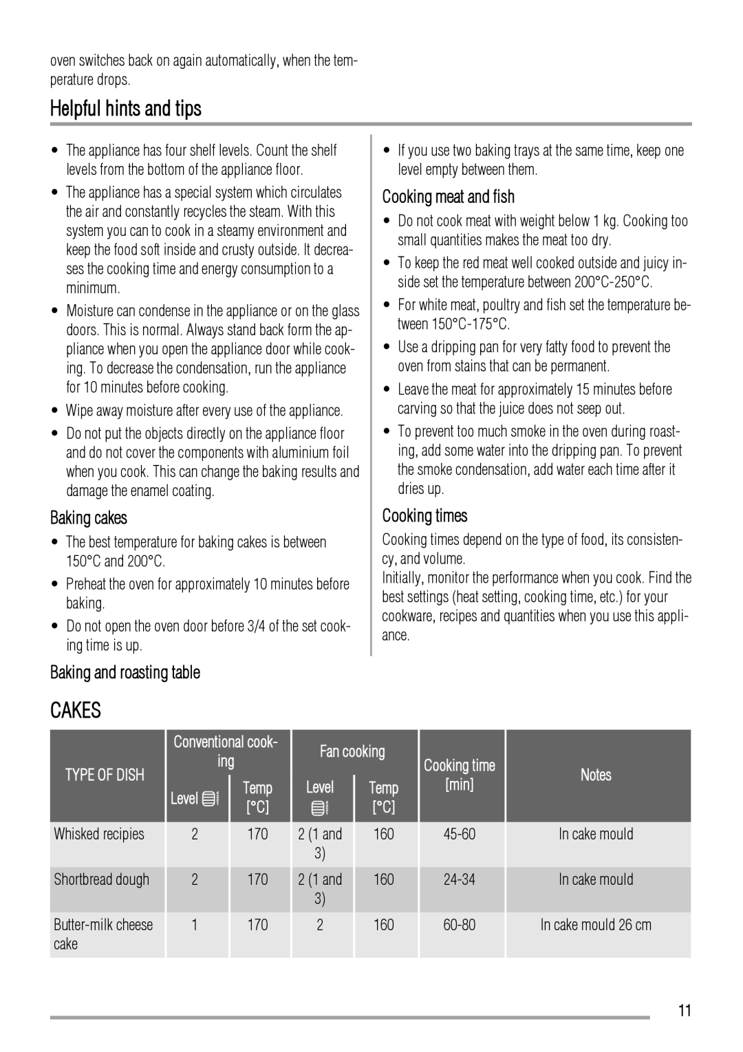 Zanussi ZYB992 user manual Helpful hints and tips, Cakes 