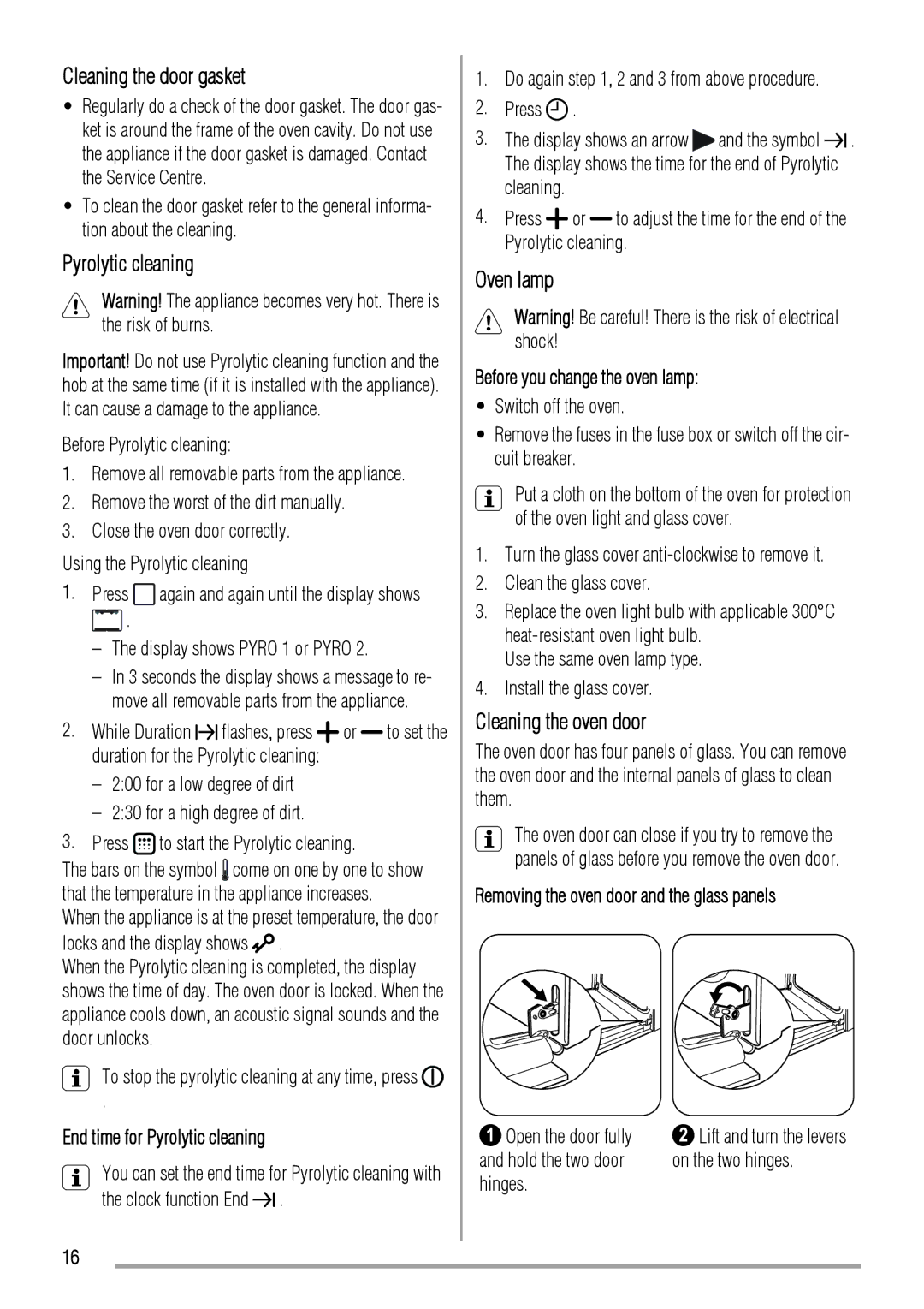 Zanussi ZYB992 user manual Cleaning the door gasket, Cleaning the oven door, End time for Pyrolytic cleaning 