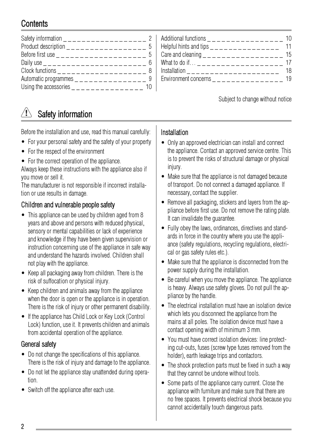 Zanussi ZYB992 user manual Contents, Safety information 