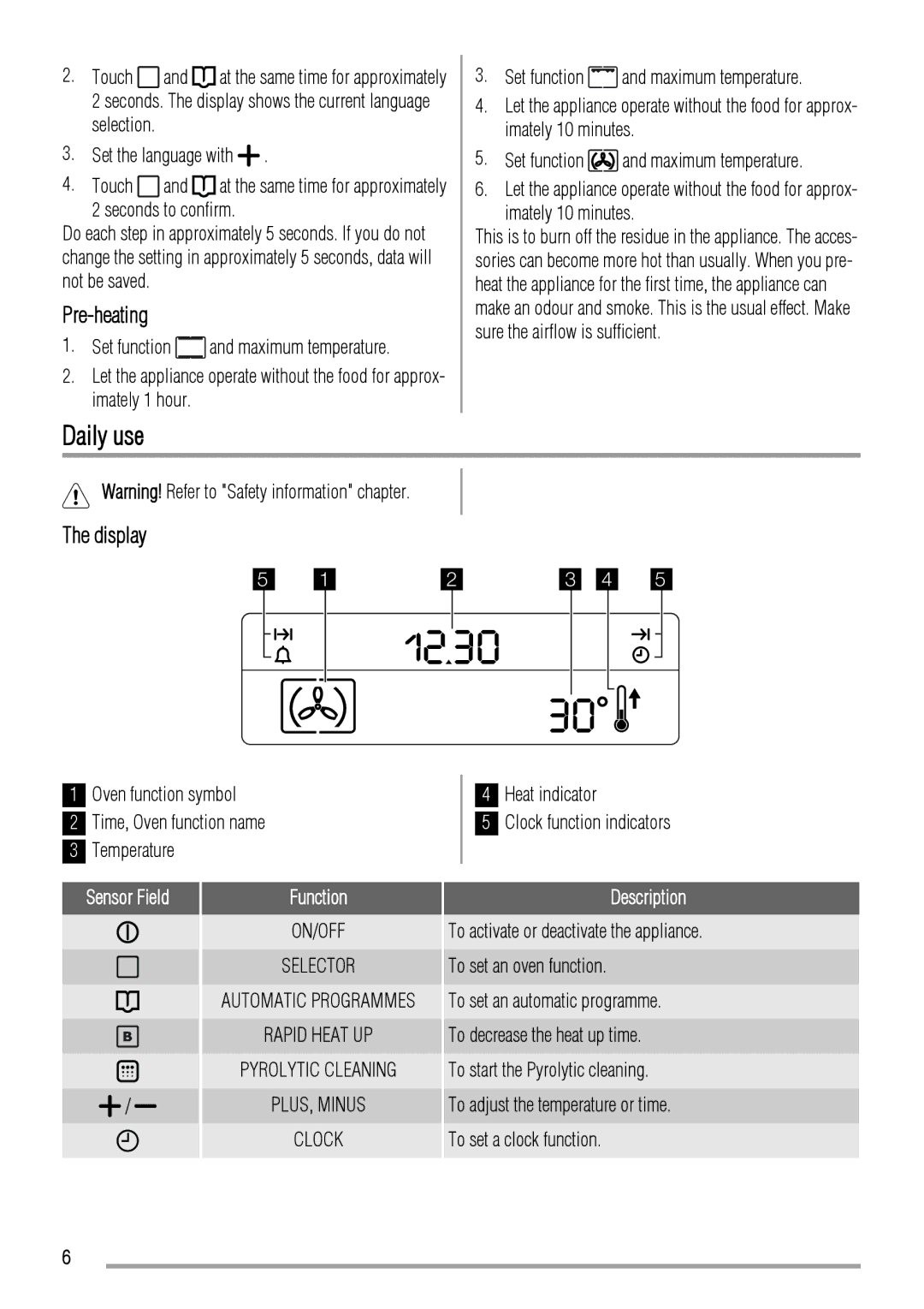 Zanussi ZYB992 user manual Daily use, Pre-heating, Display, Sensor Field Function, Description 