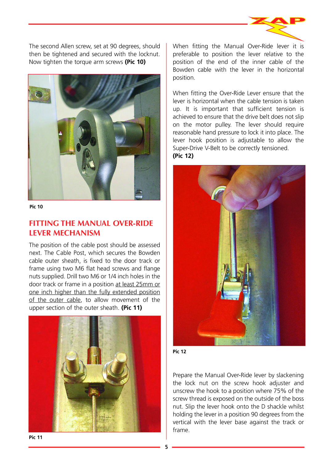 Zap 815-RL installation instructions Fitting the Manual OVER-RIDE Lever Mechanism, Pic 