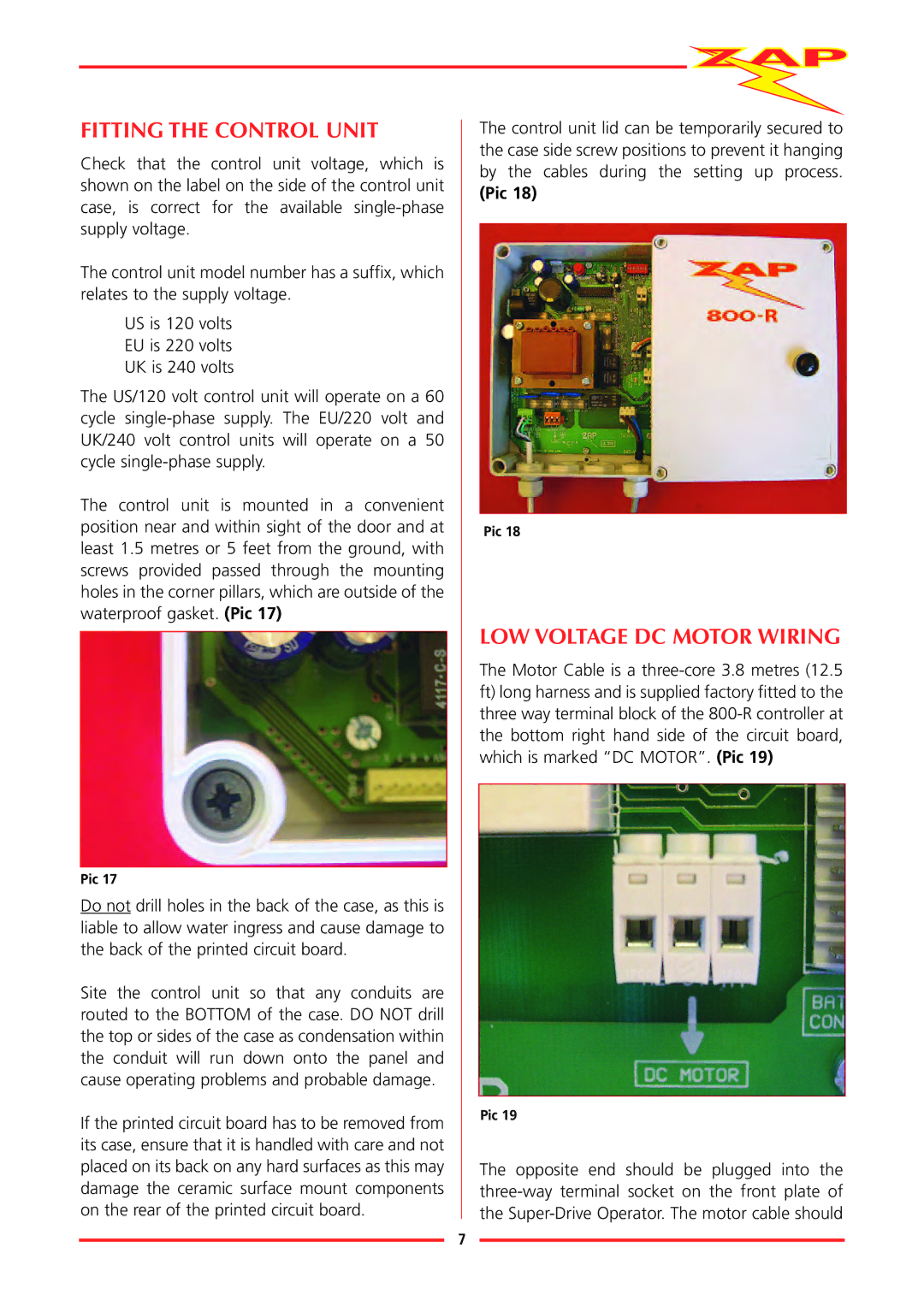 Zap 815-RL installation instructions Fitting the Control Unit, LOW Voltage DC Motor Wiring 