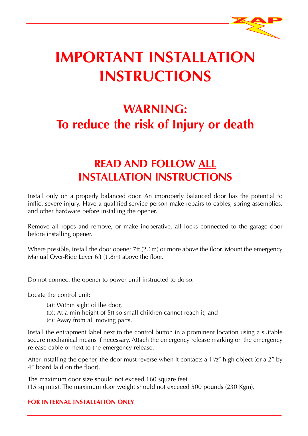 Zap 815-RL installation instructions Important Installation Instructions 