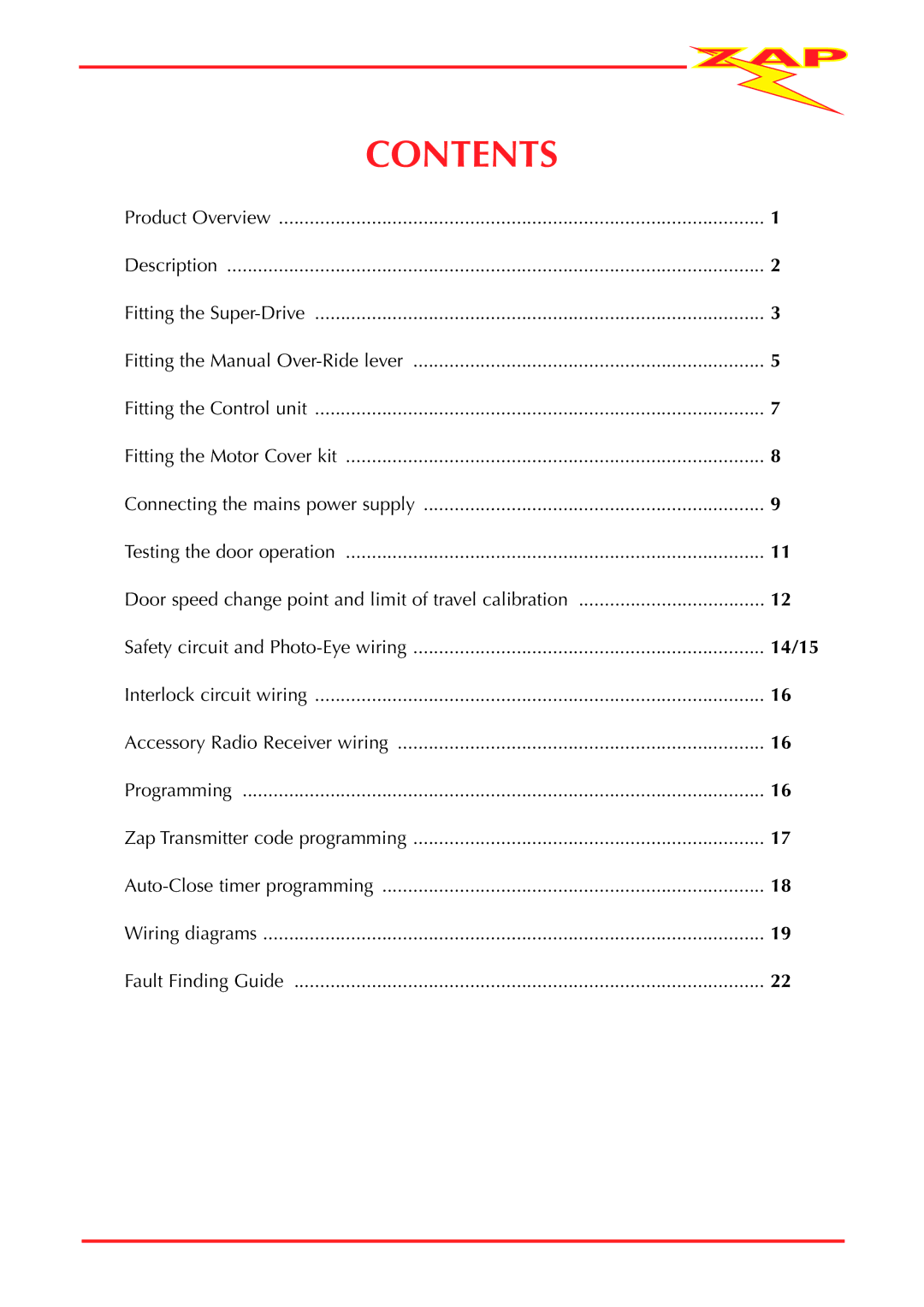 Zap 815-RL installation instructions Contents 