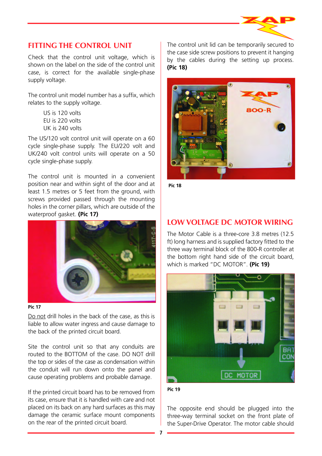 Zap 815-RL installation instructions Fitting The Control Unit, Low Voltage Dc Motor Wiring 