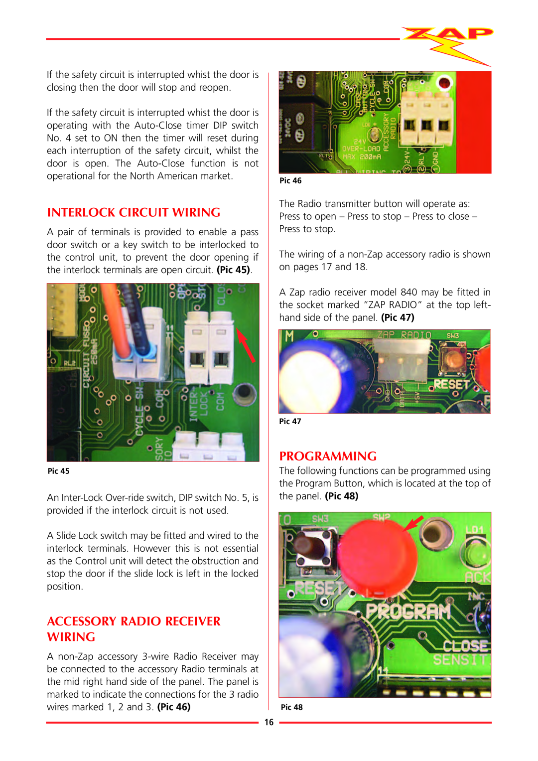 Zap 815-RL installation instructions Interlock Circuit Wiring, Accessory Radio Receiver Wiring, Programming 