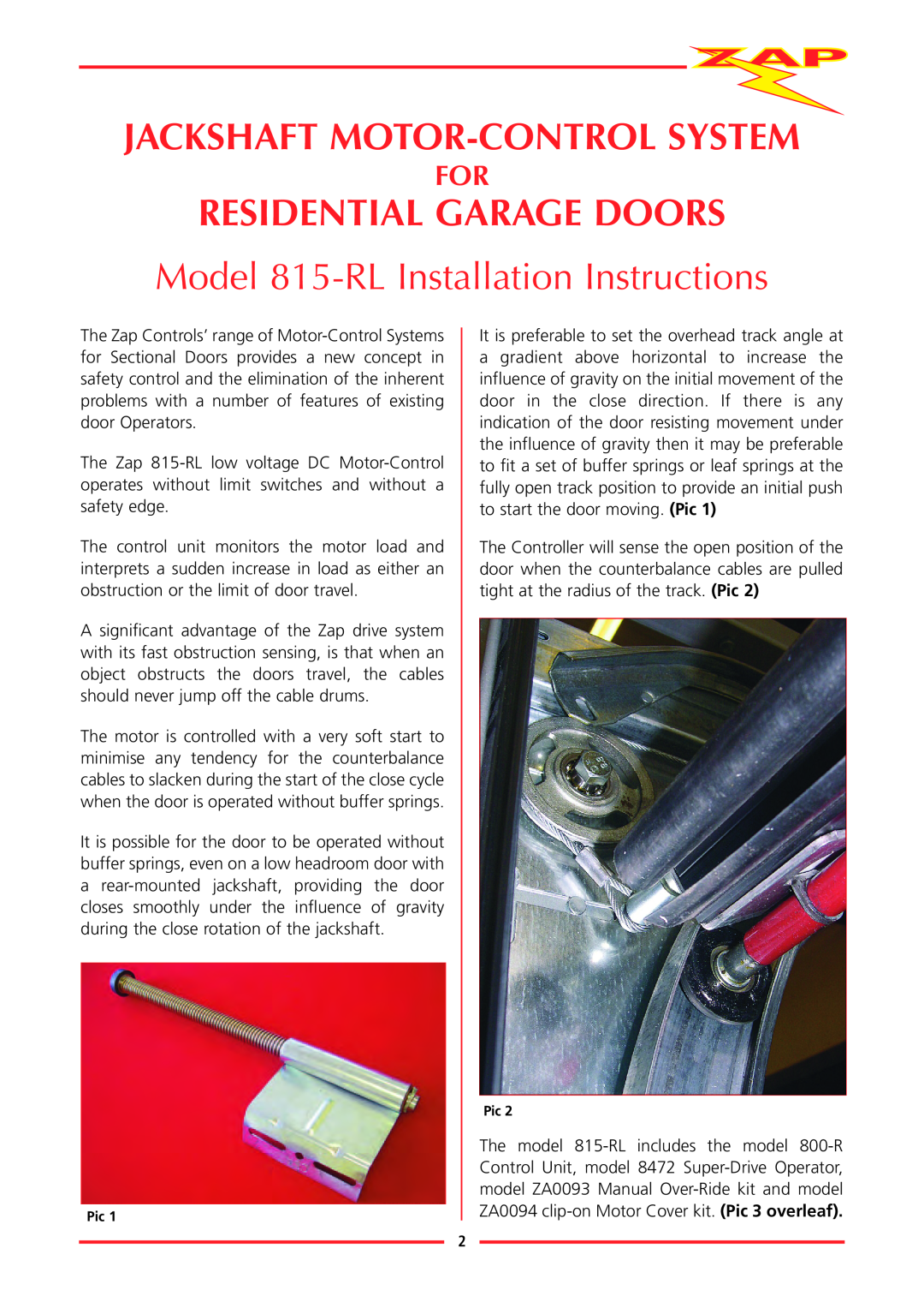 Zap Jackshaft Motor-Controlsystem, Residential Garage Doors, Model 815-RLInstallation Instructions 