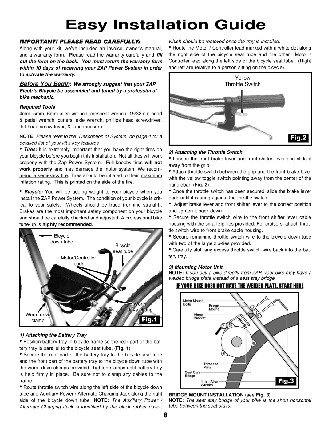 Zap DX owner manual Easy Installation Guide, Attaching the Throttle Switch, Mounting Motor Unit, Attaching the Battery Tray 