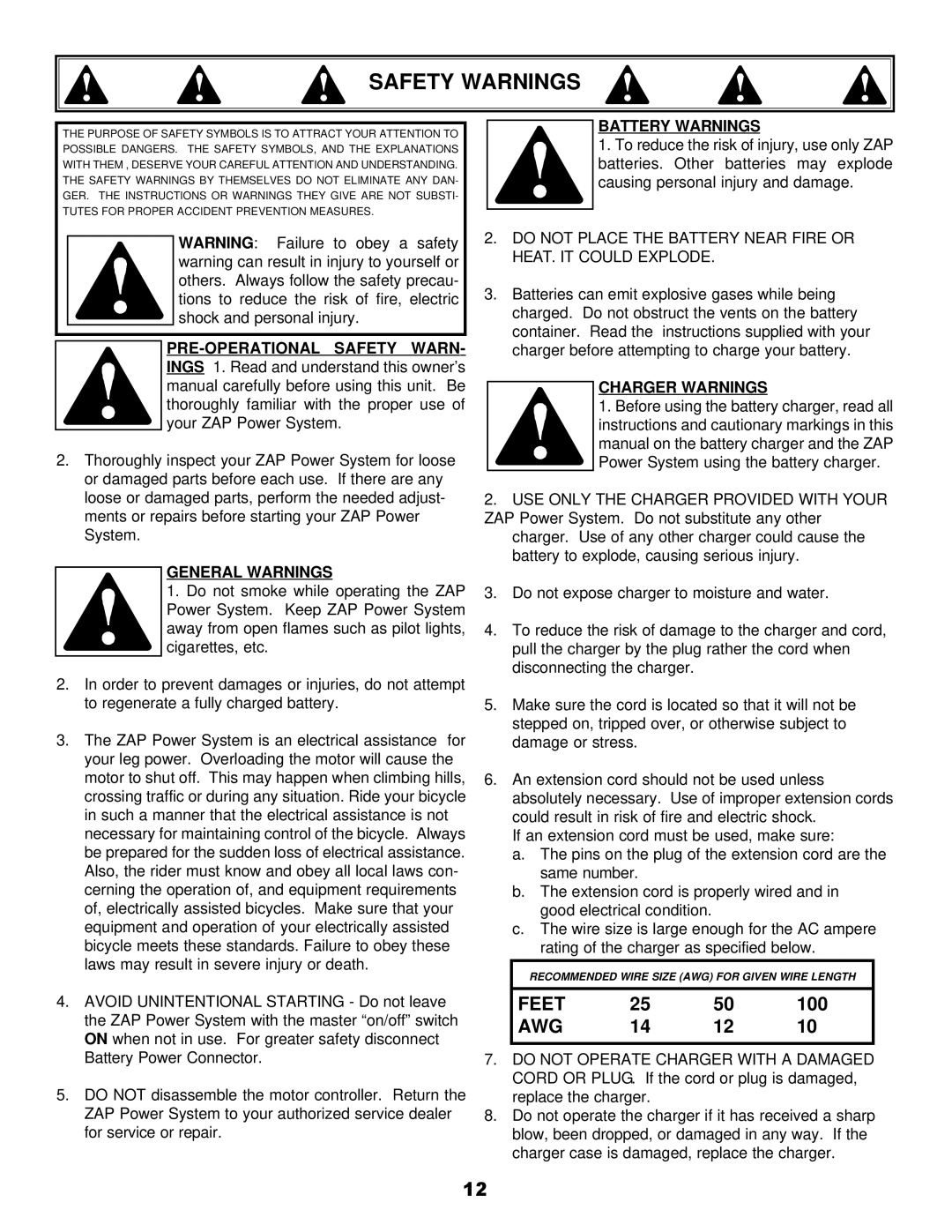 Zap DX owner manual General Warnings, Battery Warnings, Charger Warnings 