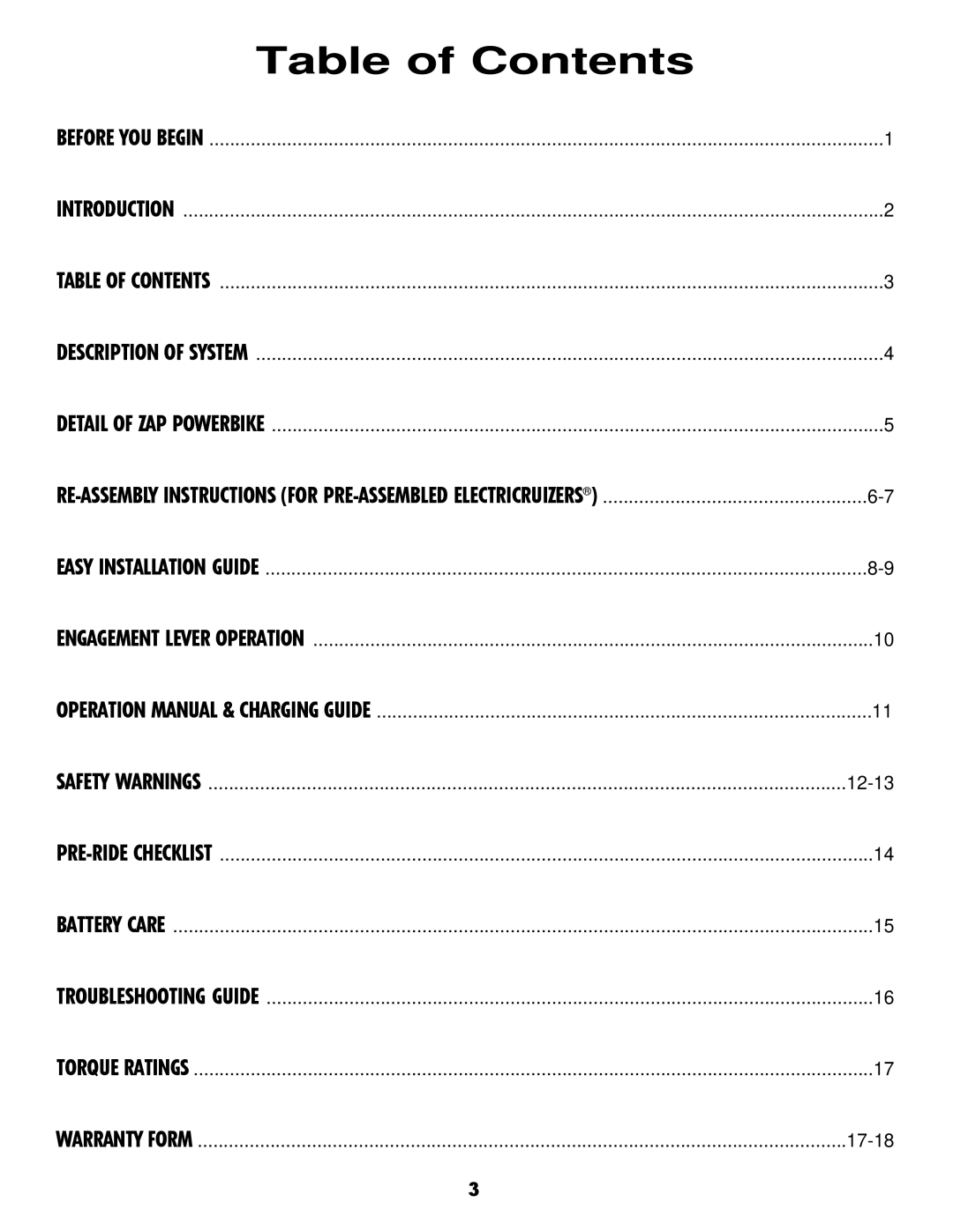 Zap DX owner manual Table of Contents 