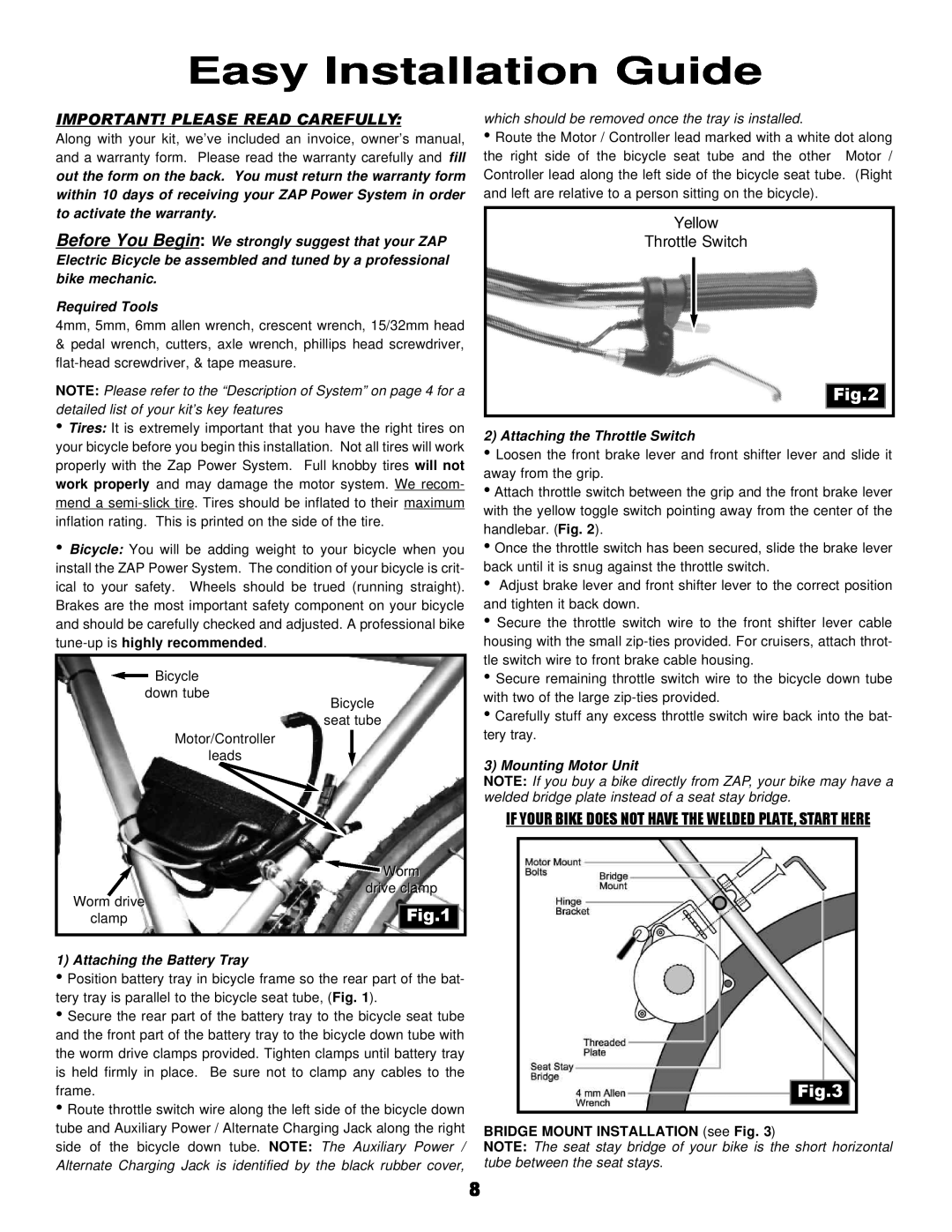 Zap DX owner manual Easy Installation Guide, If Your Bike Does Not Have The Welded Plate, Start Here, Required Tools 