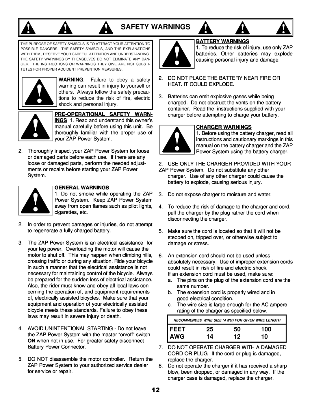 Zap DX owner manual Safety Warnings, Feet, General Warnings, Battery Warnings, Charger Warnings 