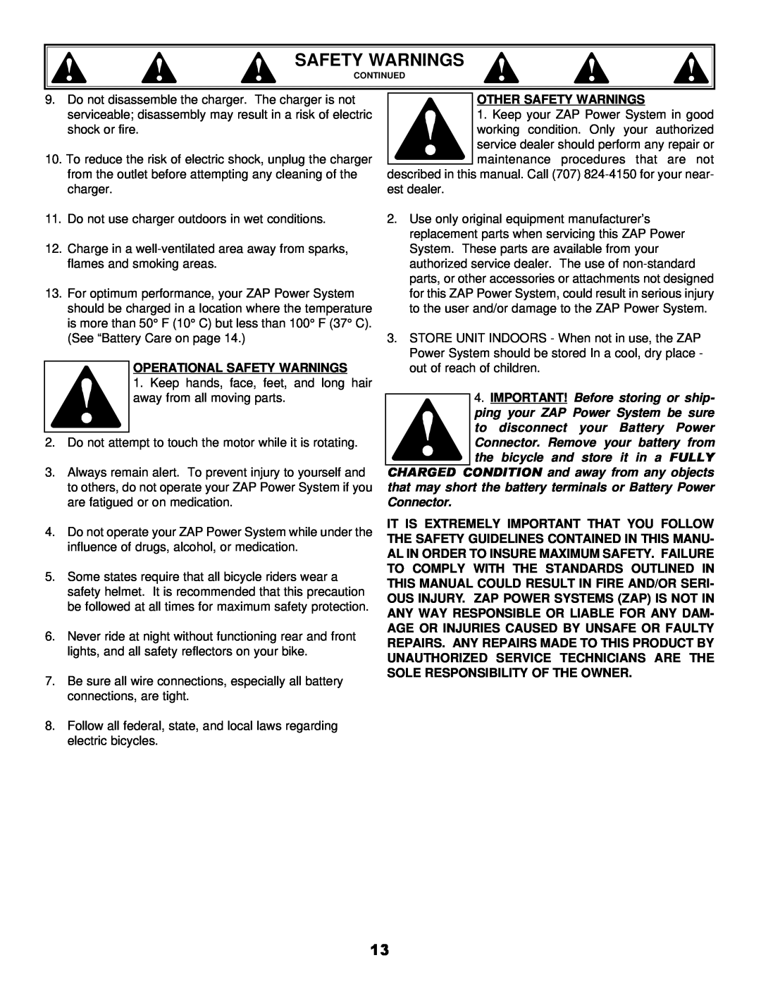 Zap DX owner manual Operational Safety Warnings, Other Safety Warnings 
