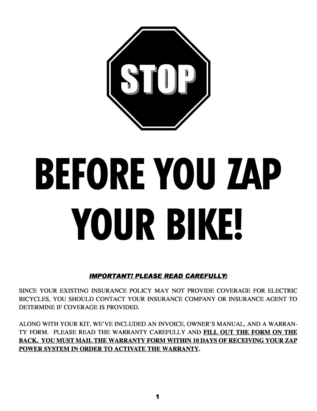 Zap DX owner manual Your Bike, Stop, Before You Zap, Important! Please Read Carefully 