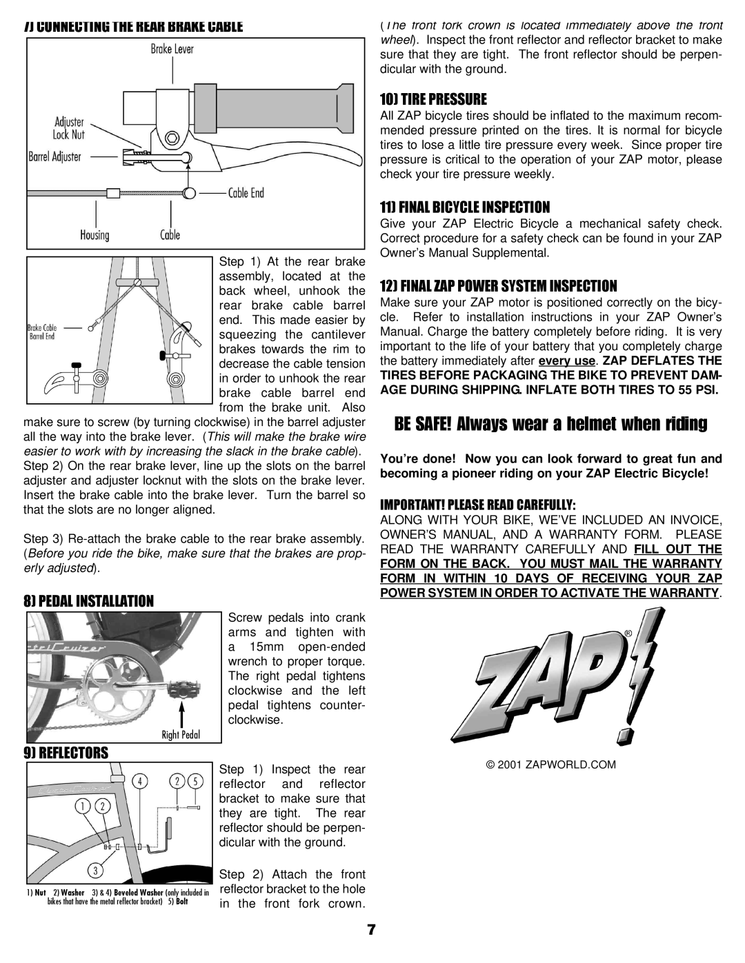 Zap DX Connecting The Rear Brake Cable, Tire Pressure, Pedal Installation, Reflectors, Final Bicycle Inspection 
