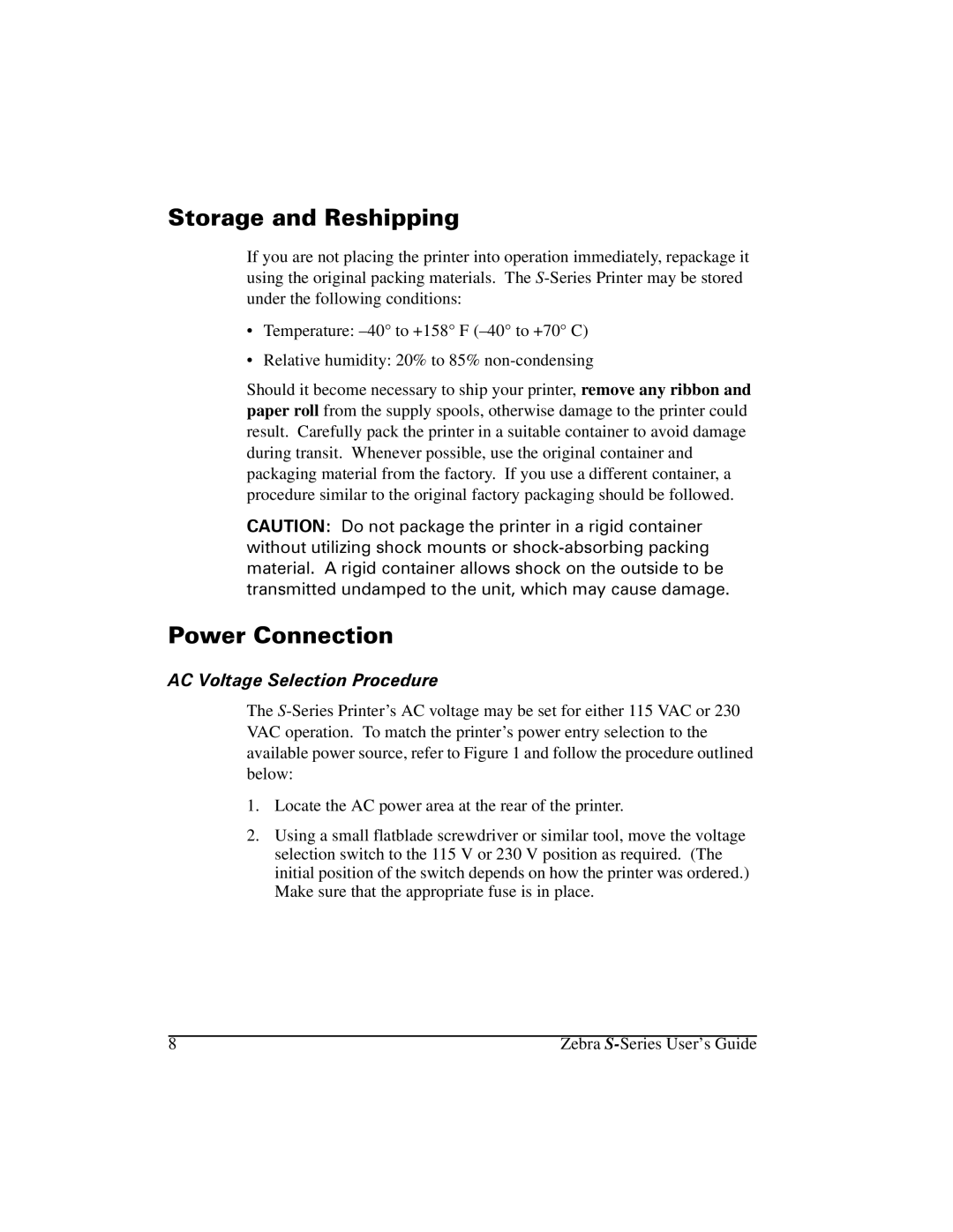 Zebra Technologies 105Se manual 6WRUDJHDQG5HVKLSSLQJ, 3RZHU&RQQHFWLRQ, $&9ROWDJH6HOHFWLRQ3URFHGXUH 