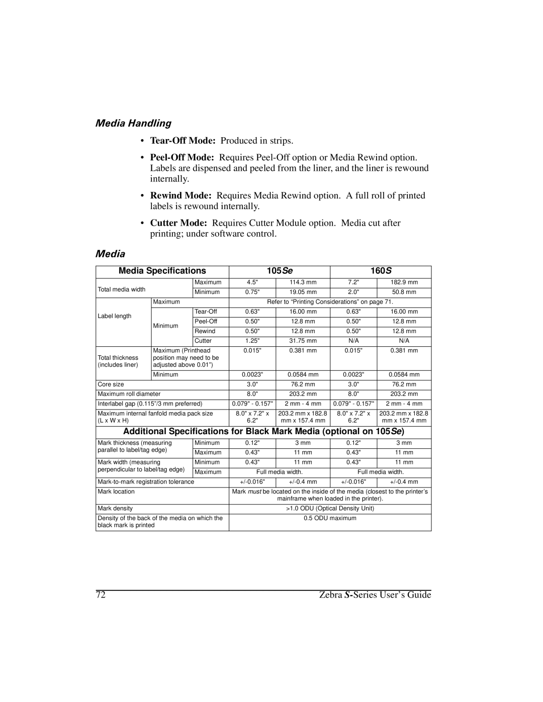 Zebra Technologies manual 0HGLD+DQGOLQJ, Media Specifications 105Se 160S, Additional Specifications For Black Mark Media 