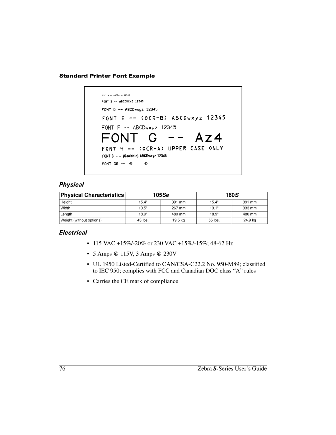 Zebra Technologies manual 3K\VLFDO, Ohfwulfdo, Physical Characteristics 105Se 160S 