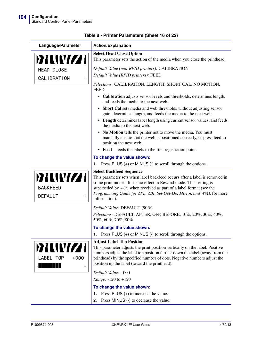 Zebra Technologies 11380100200 manual 104, Printer Parameters Sheet 16, Select Head Close Option, Select Backfeed Sequence 