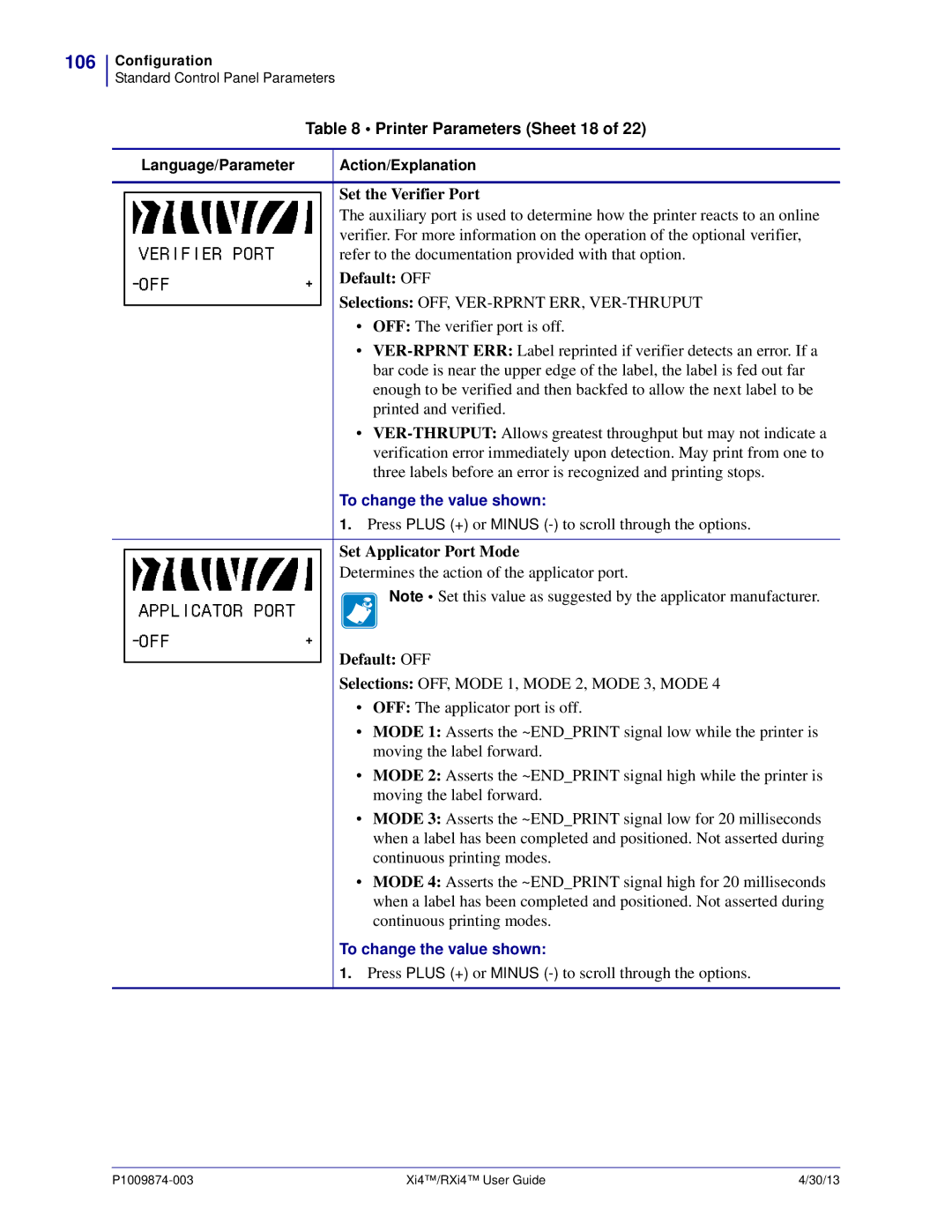 Zebra Technologies 11380100200, 11380100000 manual 106, Printer Parameters Sheet 18, Set the Verifier Port, Default OFF 