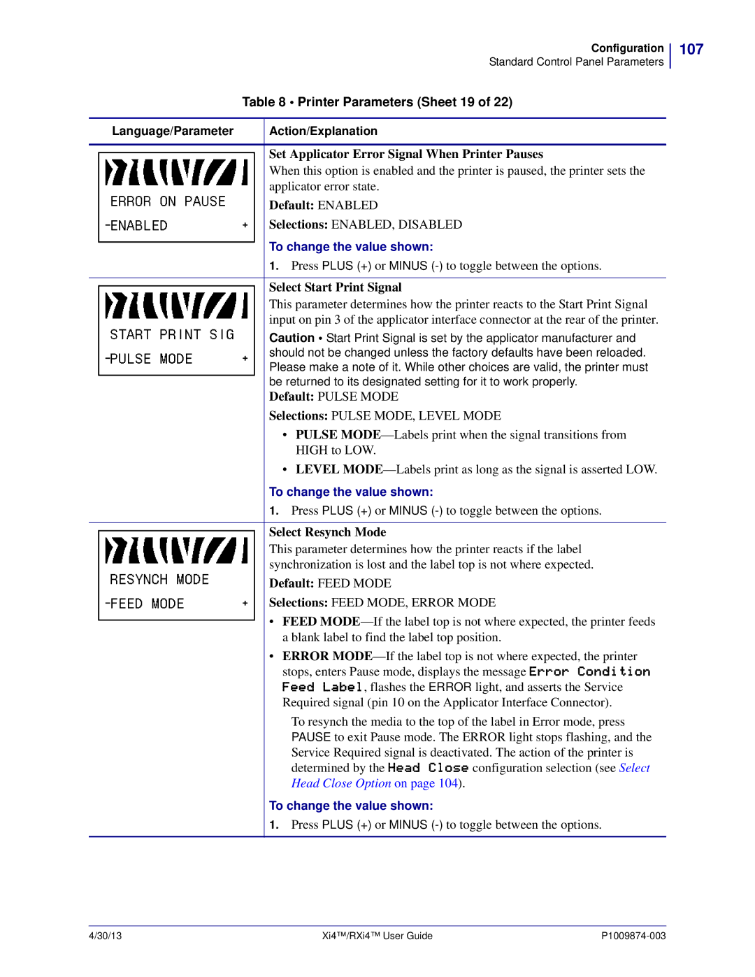 Zebra Technologies 11380100000, 11380100200 manual 107, Printer Parameters Sheet 19 