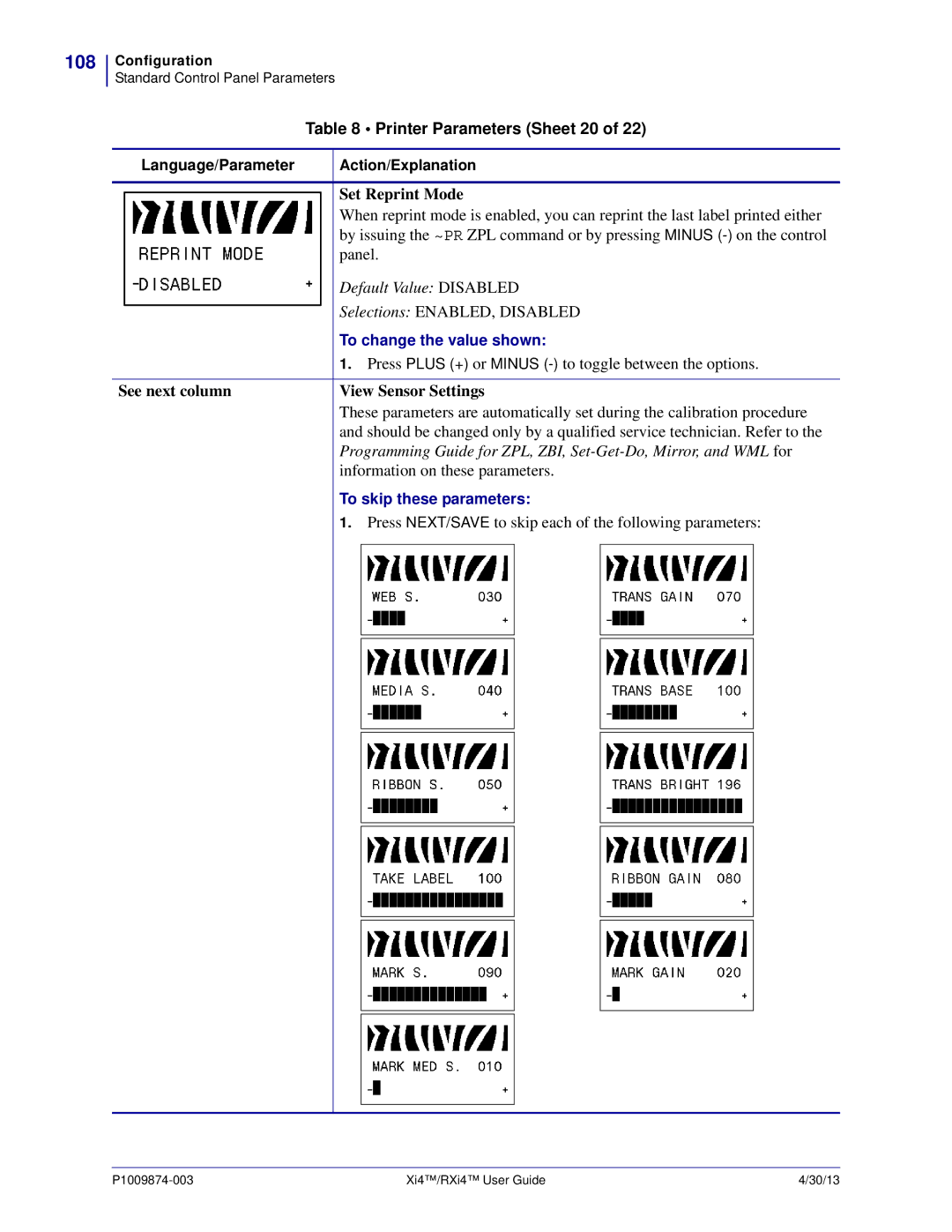 Zebra Technologies 11380100200 108, Printer Parameters Sheet 20, Set Reprint Mode, See next column View Sensor Settings 