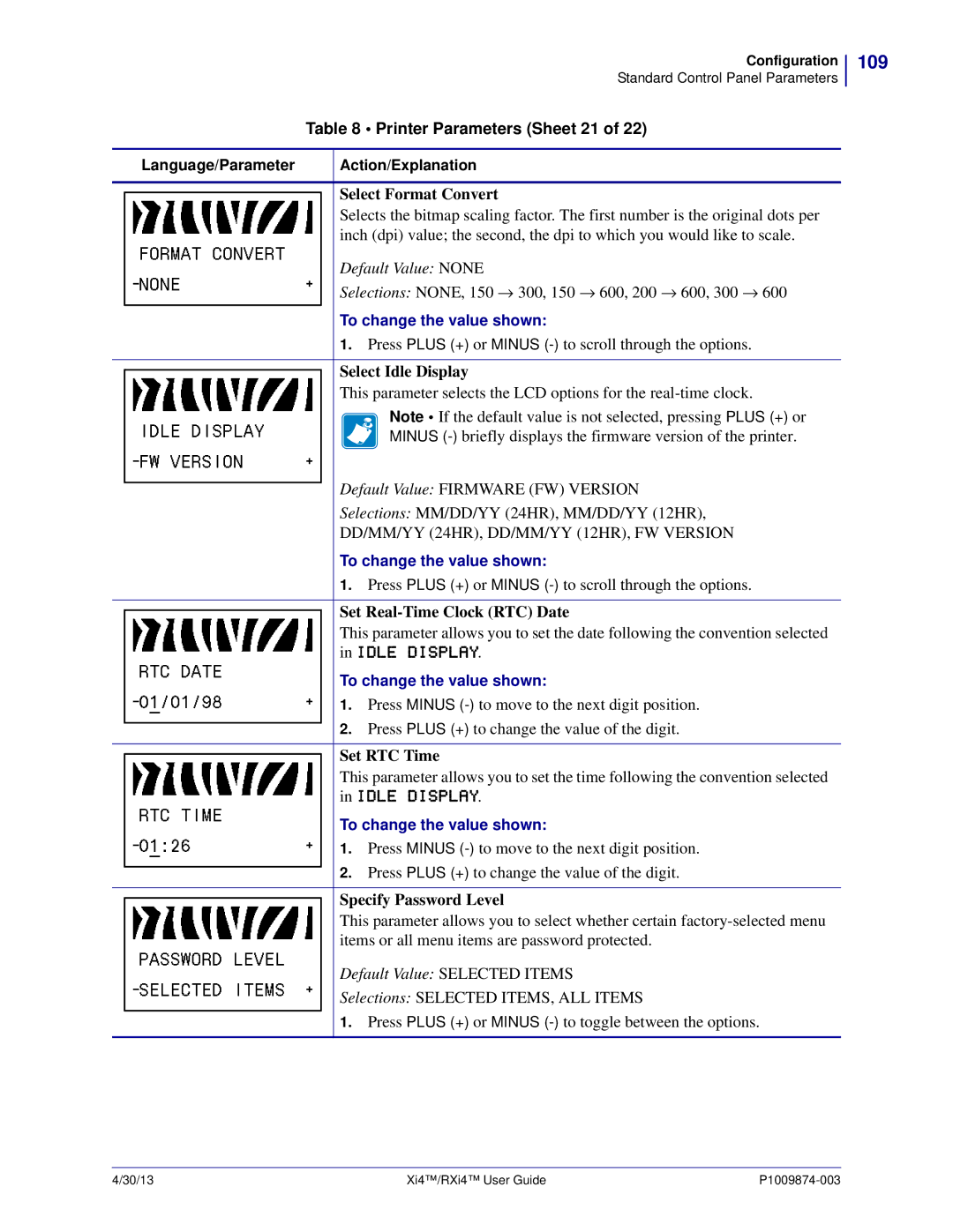 Zebra Technologies 11380100000, 11380100200 manual 109, Printer Parameters Sheet 21 