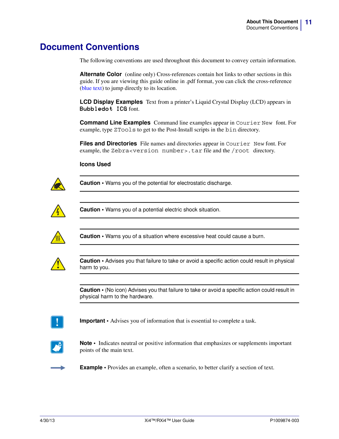 Zebra Technologies 11380100000, 11380100200 manual Document Conventions, Icons Used 