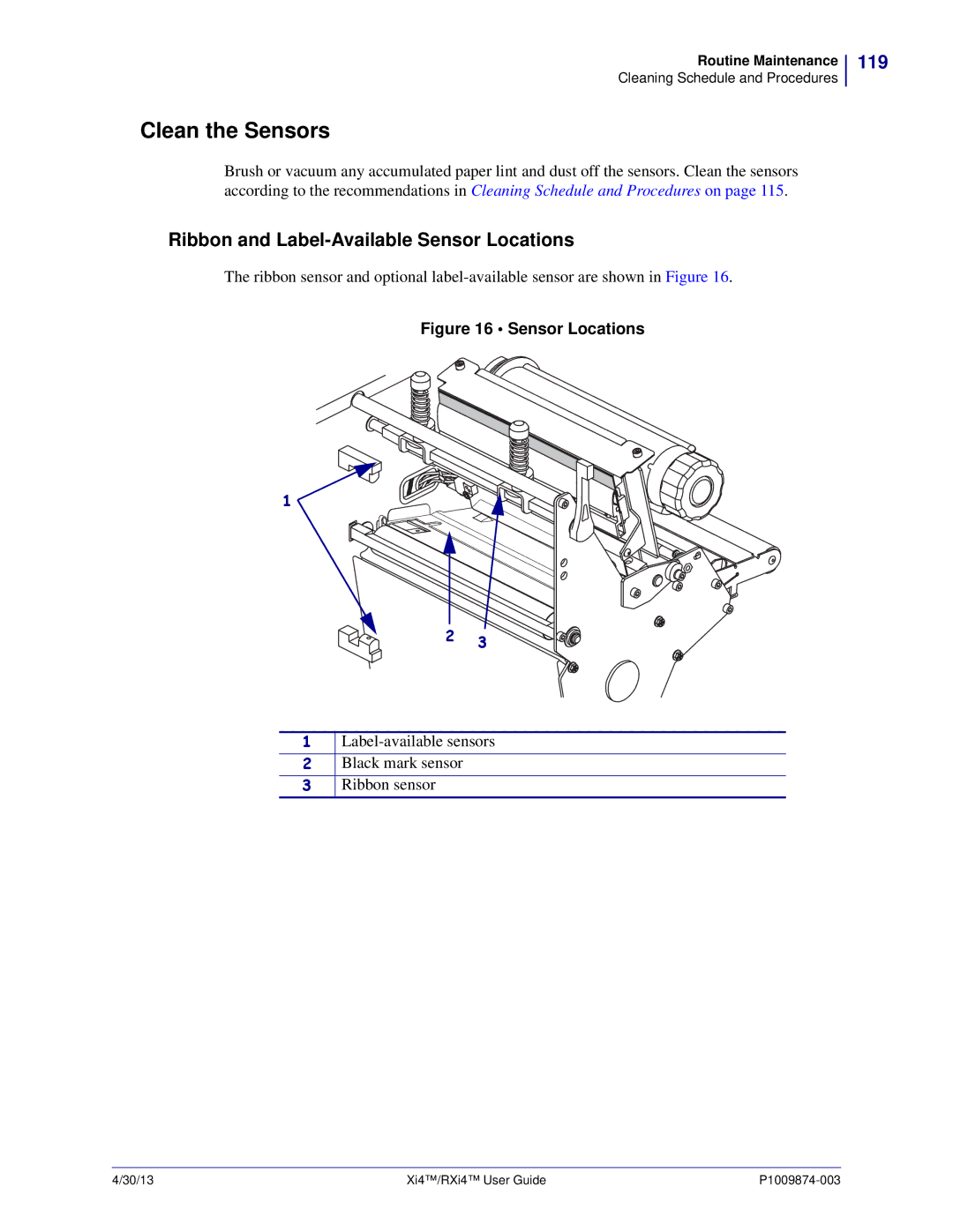 Zebra Technologies 11380100000, 11380100200 manual Clean the Sensors, 119 