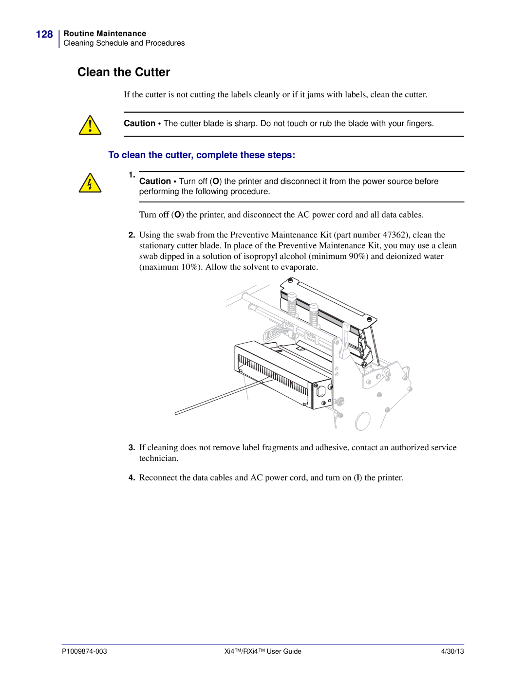 Zebra Technologies 11380100200, 11380100000 manual Clean the Cutter, 128, To clean the cutter, complete these steps 