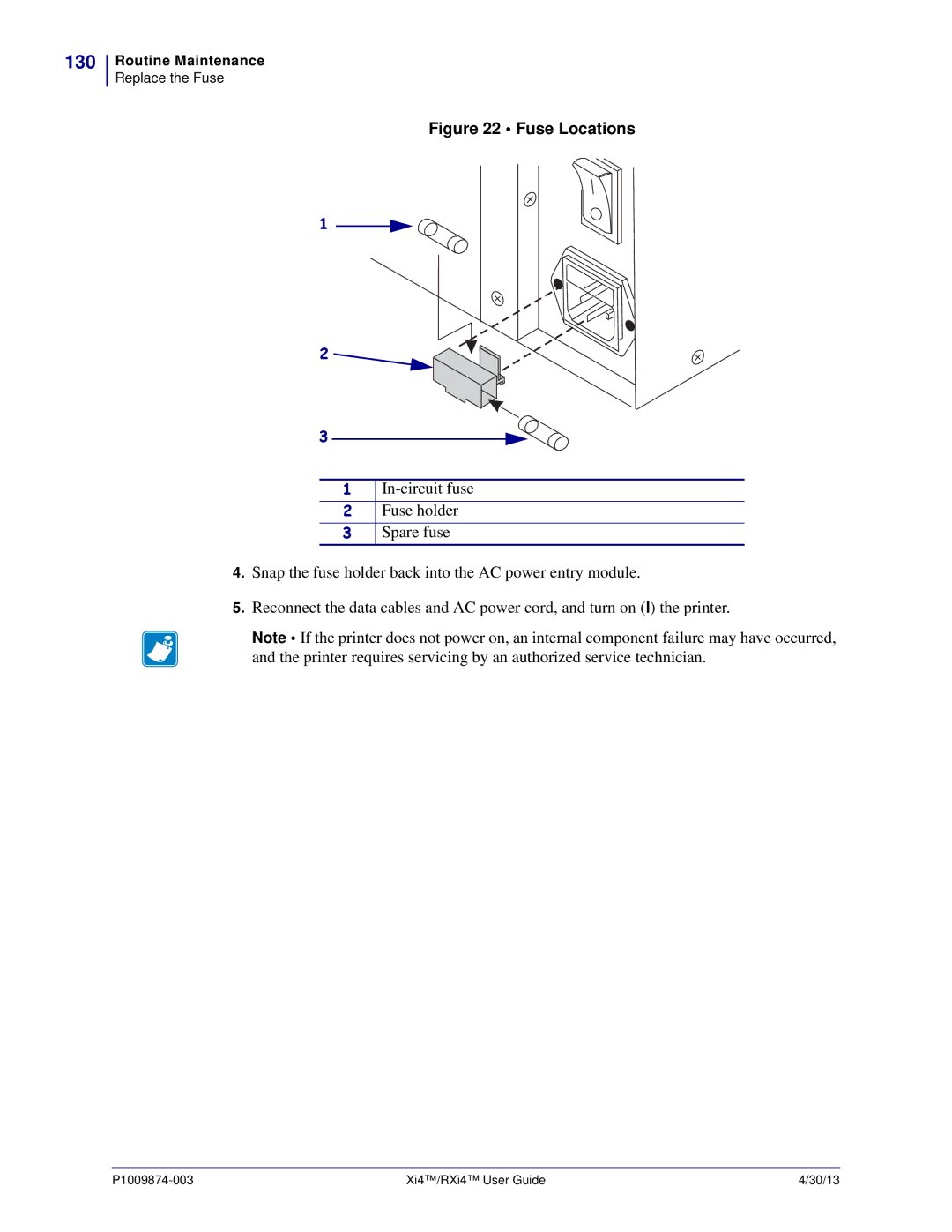 Zebra Technologies 11380100200, 11380100000 manual 130, Fuse Locations 