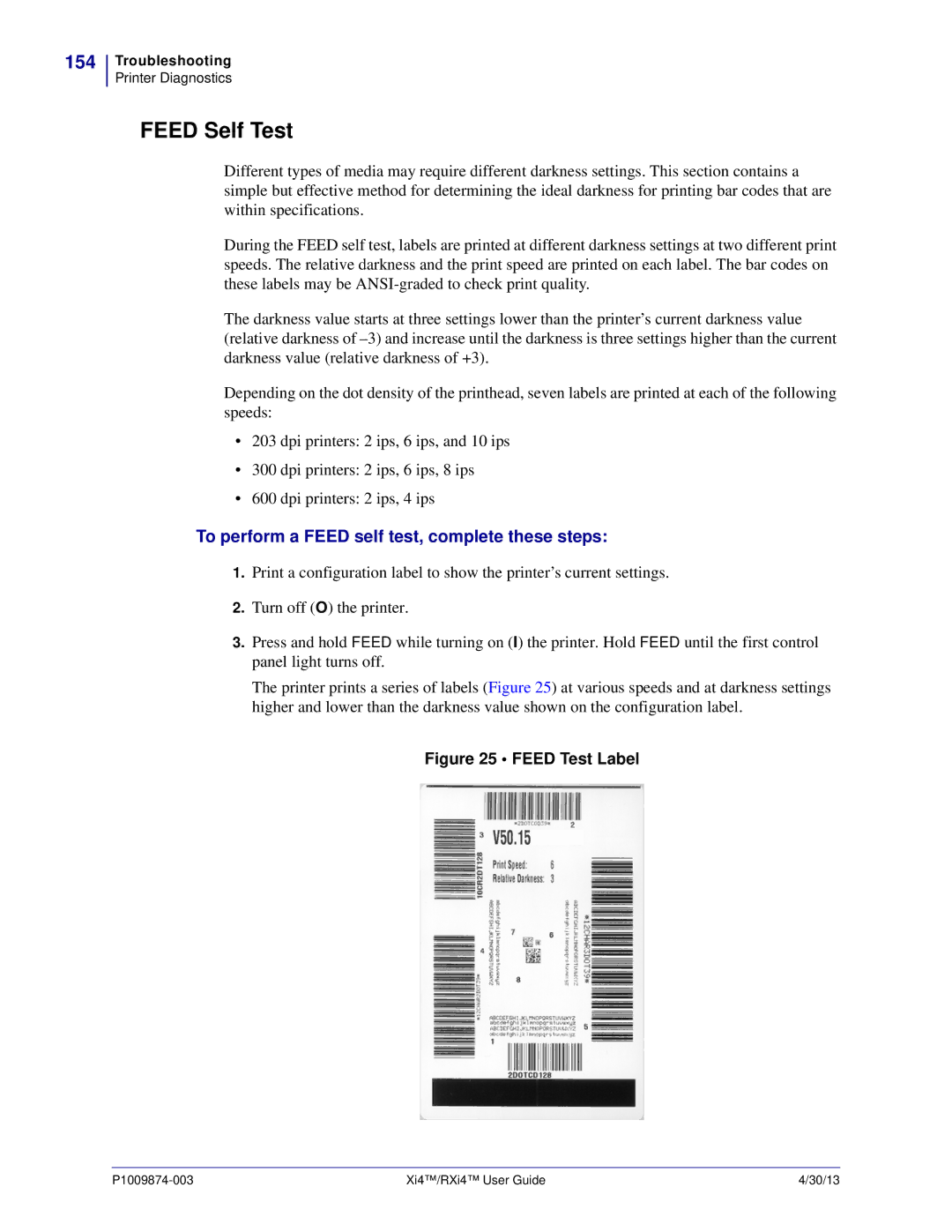 Zebra Technologies 11380100200, 11380100000 manual Feed Self Test, 154, To perform a Feed self test, complete these steps 